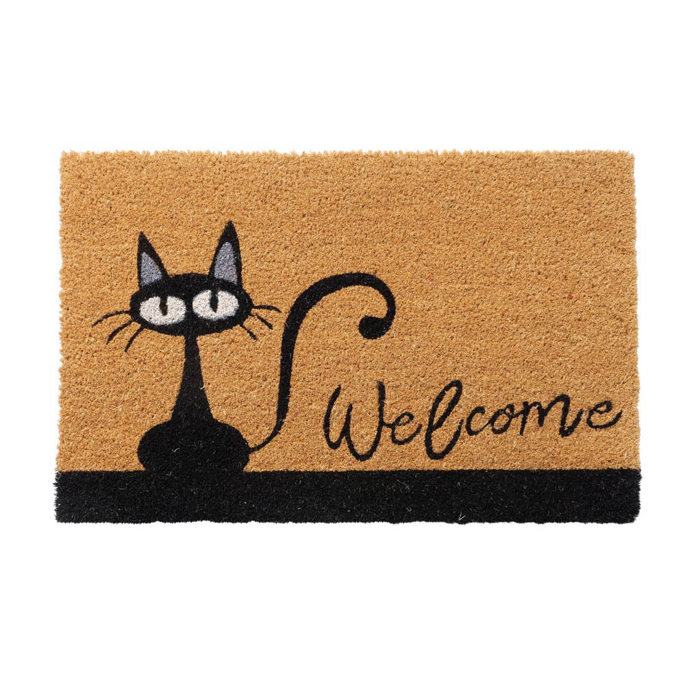 Image of Welcome Cat Doormat - Natural Black With , Coconut Fiber Pvc, 60x40cm