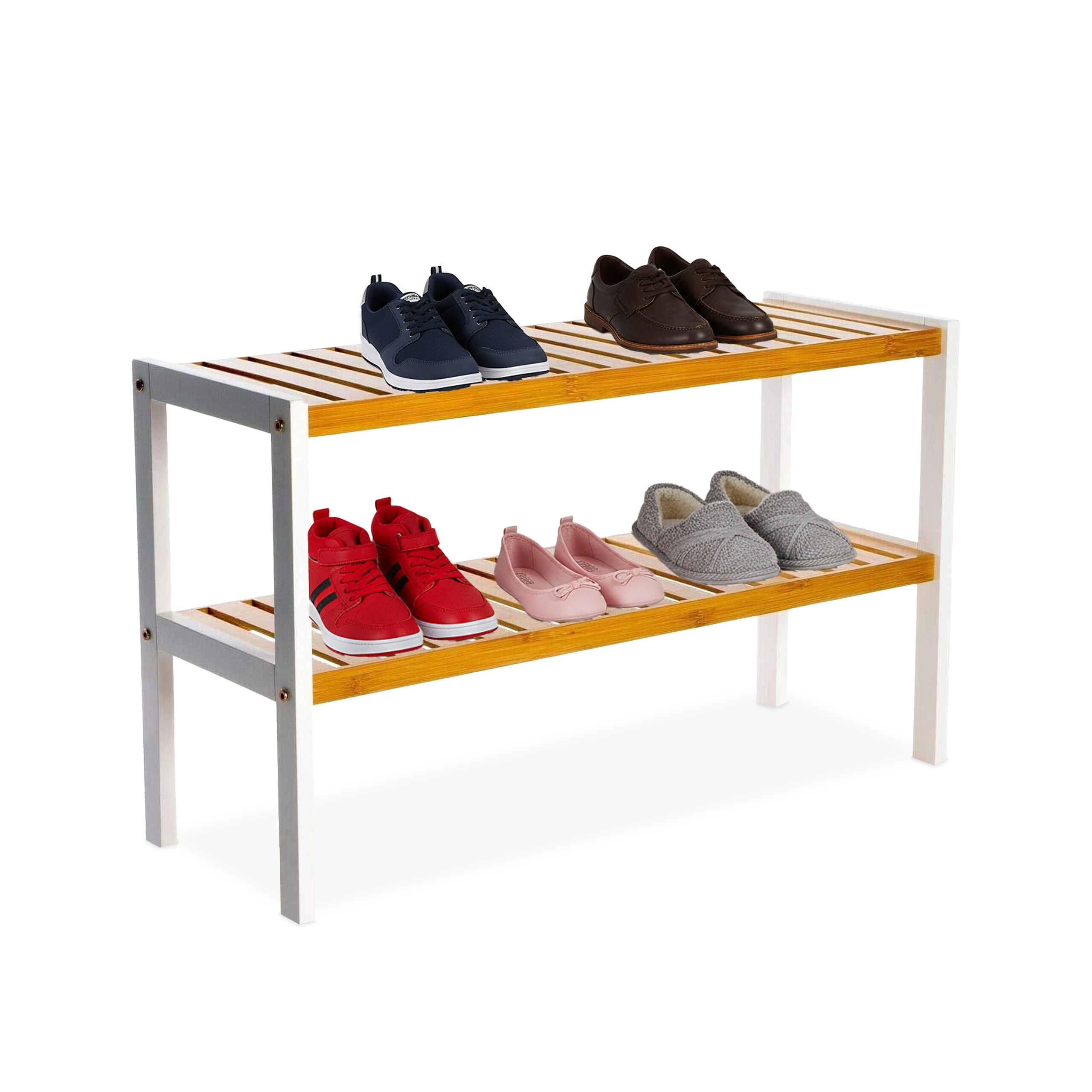 TEMU Shoe Rack 2 Tiers, Bamboo, 33 X 70 X , Natural/white, Open Grid Shelves, For 6 Pairs Of Shoes, For Entrance, , Bedroom And Walk-in Closet, Shoe