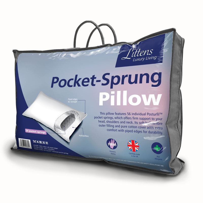 Littens Essentials 56 Pocket Sprung Pillow, Side Sleeper, Firm Support, Luxury, Orthopaedic, Hollowfibre 230TC Cotton, Piped Edge, UK Made 48cm x 74cm