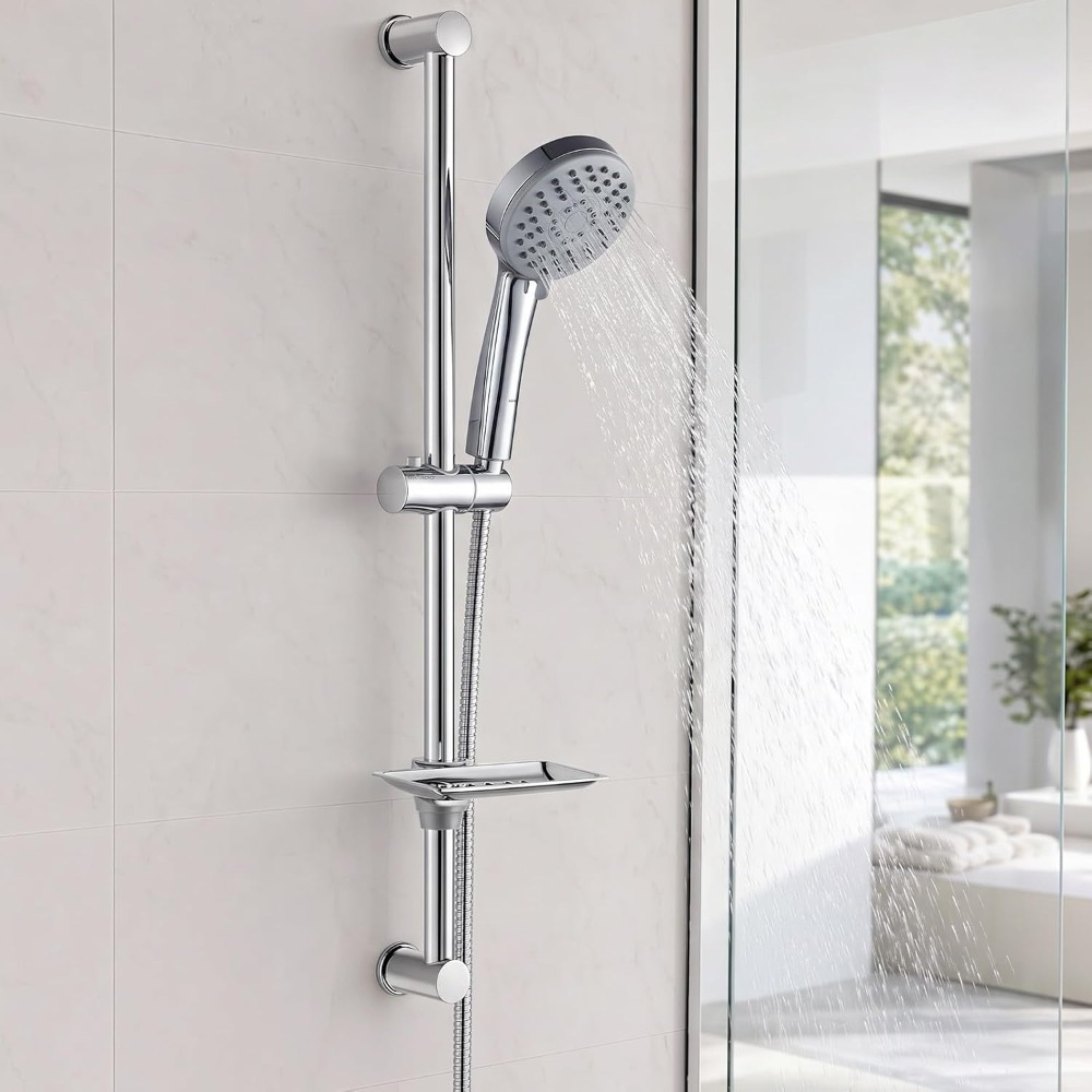 Image of Shower Set With Shower Rod, Height-adjustable Sliding Rod, Handheld Showerhead, Shower Hose, And Stainless Steel Soap Dish, Silver