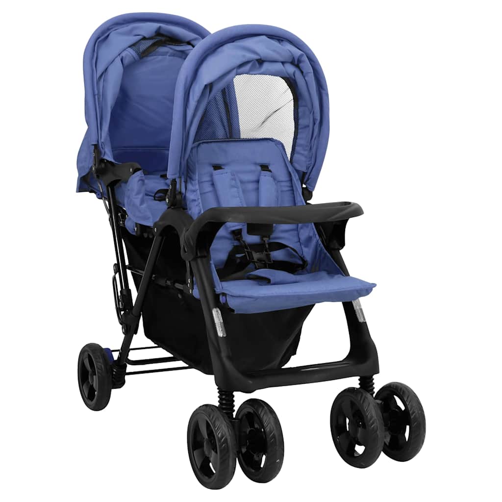 Marineblauwe Stalen Dubbele Wandelwagen – Tweelingwagen, Opvouwbare Wandelwagen, Lichtgewicht Babywagen, Babyaccessoires, Kinderveiligheid