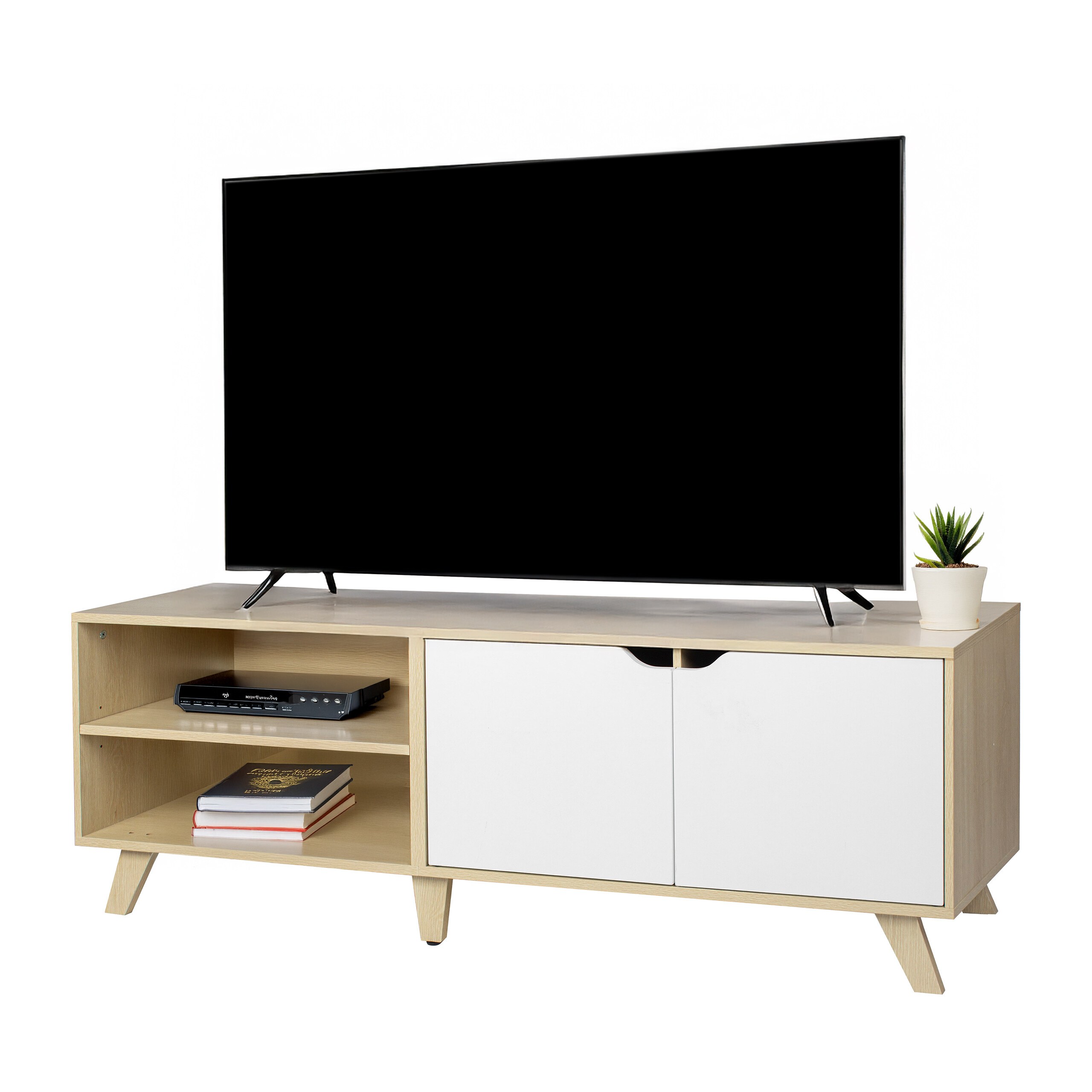 TEMU Mueble TV , 6 compartimentos, 50 x 140 x 40 cm, madera reconstituida con acabado madera, 2 compartimentos abiertos con pasacables, 4