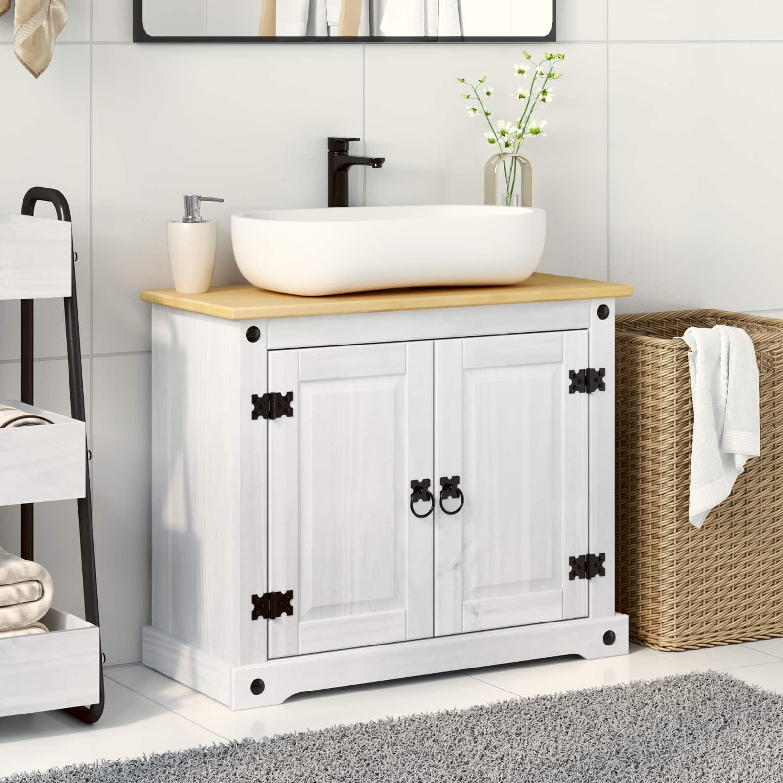 Image of Washbasin Cabinet White 73 X 33 X 60 Cm, Bathroom Cabinet, Rectangular With Rustic Wood Optic, Lots Of Storage Space For Practical Design
