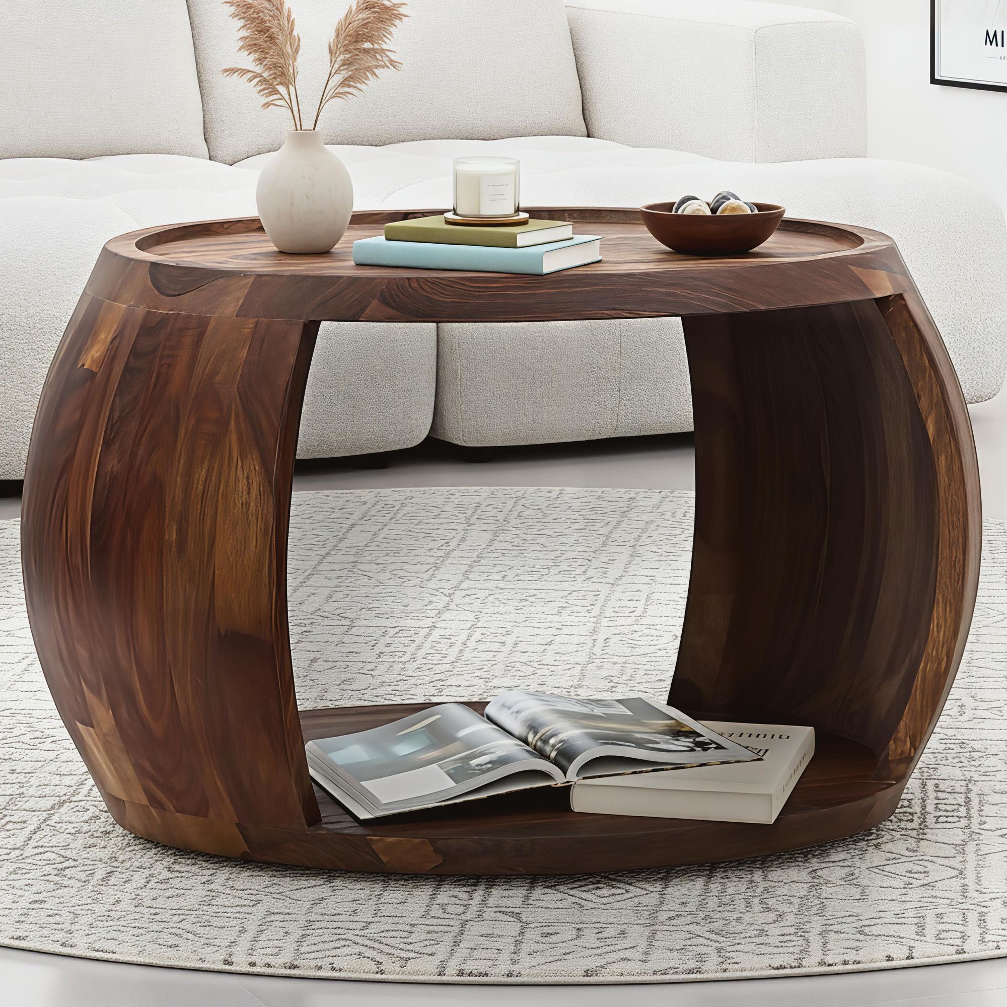 Solid Wood Round Coffee Table 60cm · Living Room Table With Storage Compartment · Handcrafted Genuine Wood Sofa Table In Natural Rustic Design