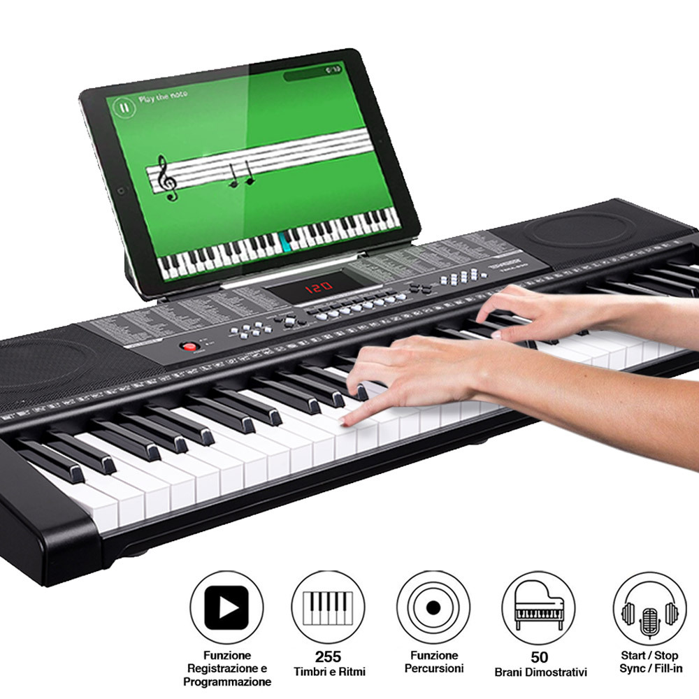 Image of Bakaji Musical Keyboard Electronic Piano 61 Keys Multifunction Piano With 255 50 Songs Percussion Function Usb Aux Input And Music Stand For Sheet Music And Tablet