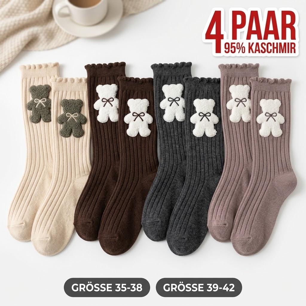 TEMU 4 Paar weiche, warme Damensocken aus 95% Kaschmir mit Plüsch-Teddy und Rüschenbündchen, lang, 4 Farben, Größe 35-38 / 39-42