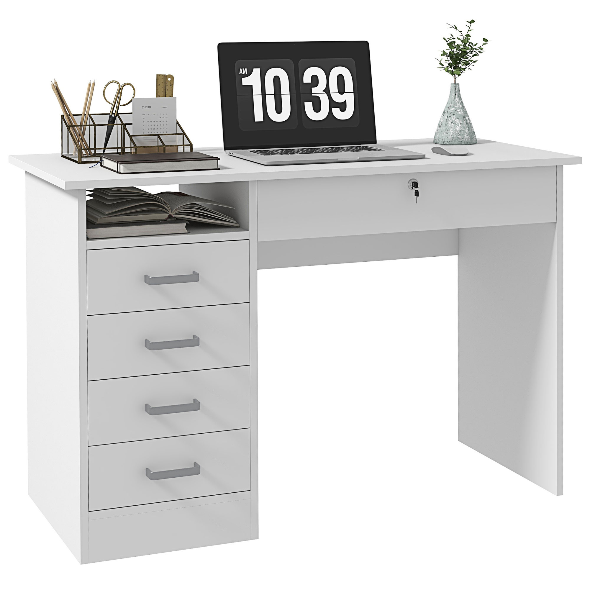 Homcom Computer Desk With Large Worktop, 5 Drawers, 1 Open Compartment, Lockable Drawer, Modern 110 X 50 X 76 Cm, White