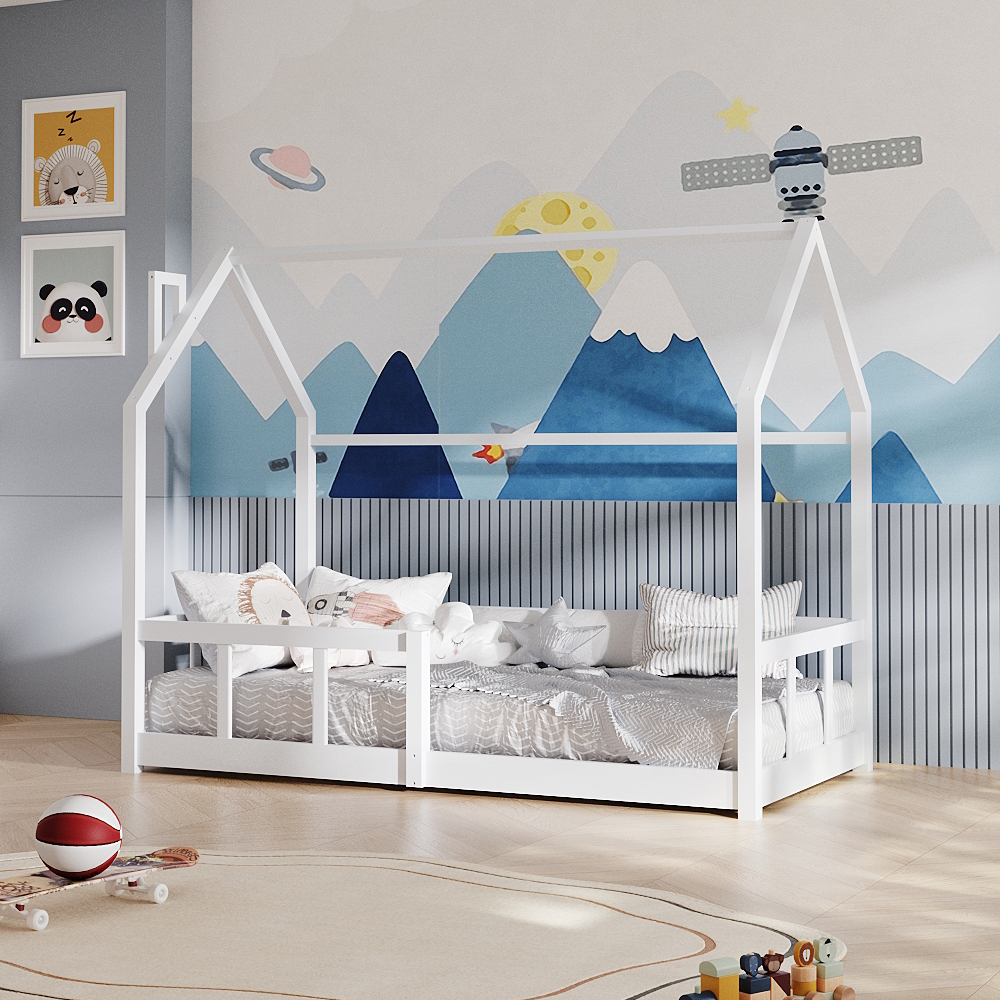 1pc Playful Treehouse Design Kids Bed Frame - 167×87×135cm Solid Pine Wood Construction, Safety Rails Included, Boys/Girls Bedroom Furniture (Mattress Excluded)