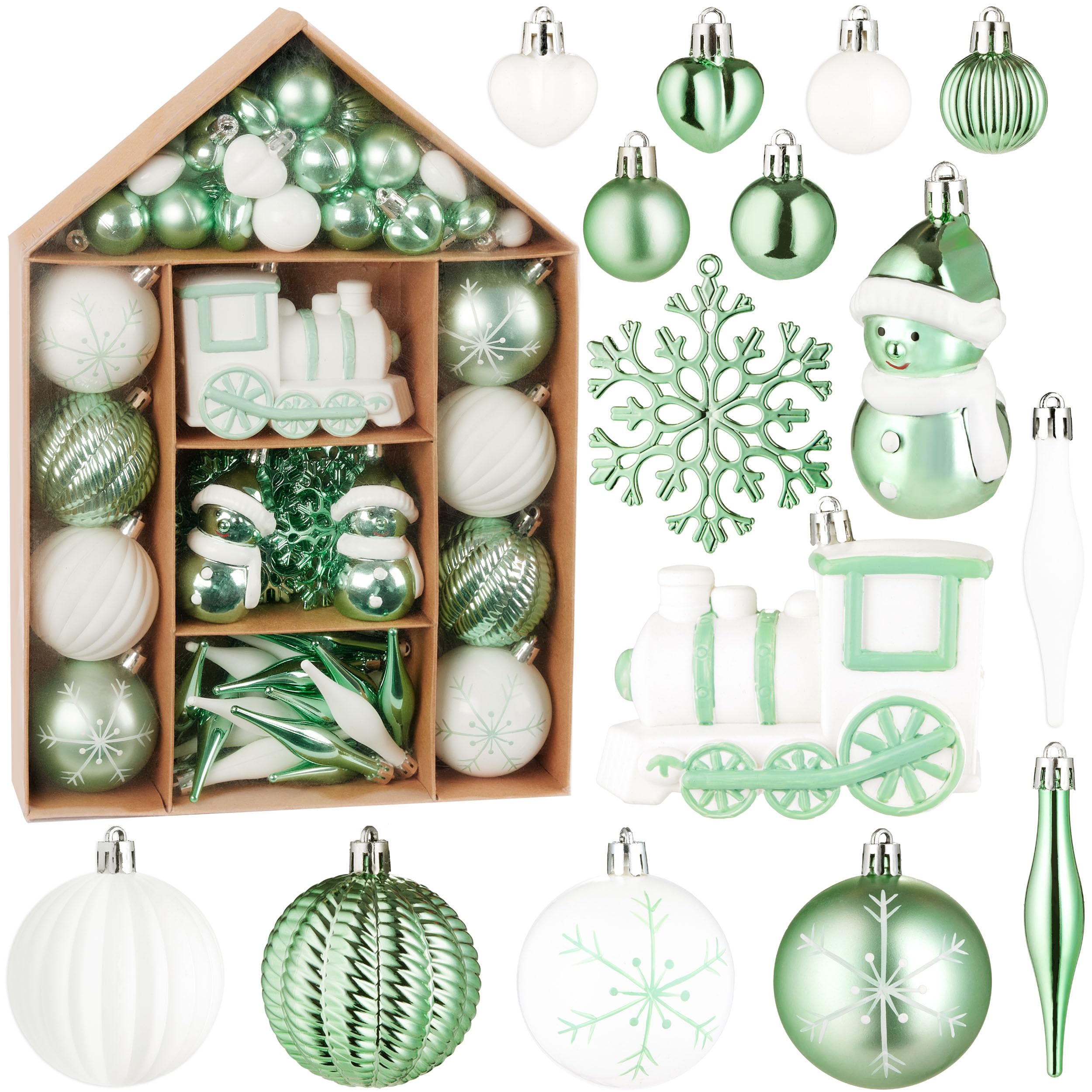 Image of Brubaker 70-piece Christmas Tree Ornament Set - Christmas Ball Set With , Snowmen, Balls, Hearts, And Snowflakes - Tree Ball Ornaments - Christmas Tree Pendants