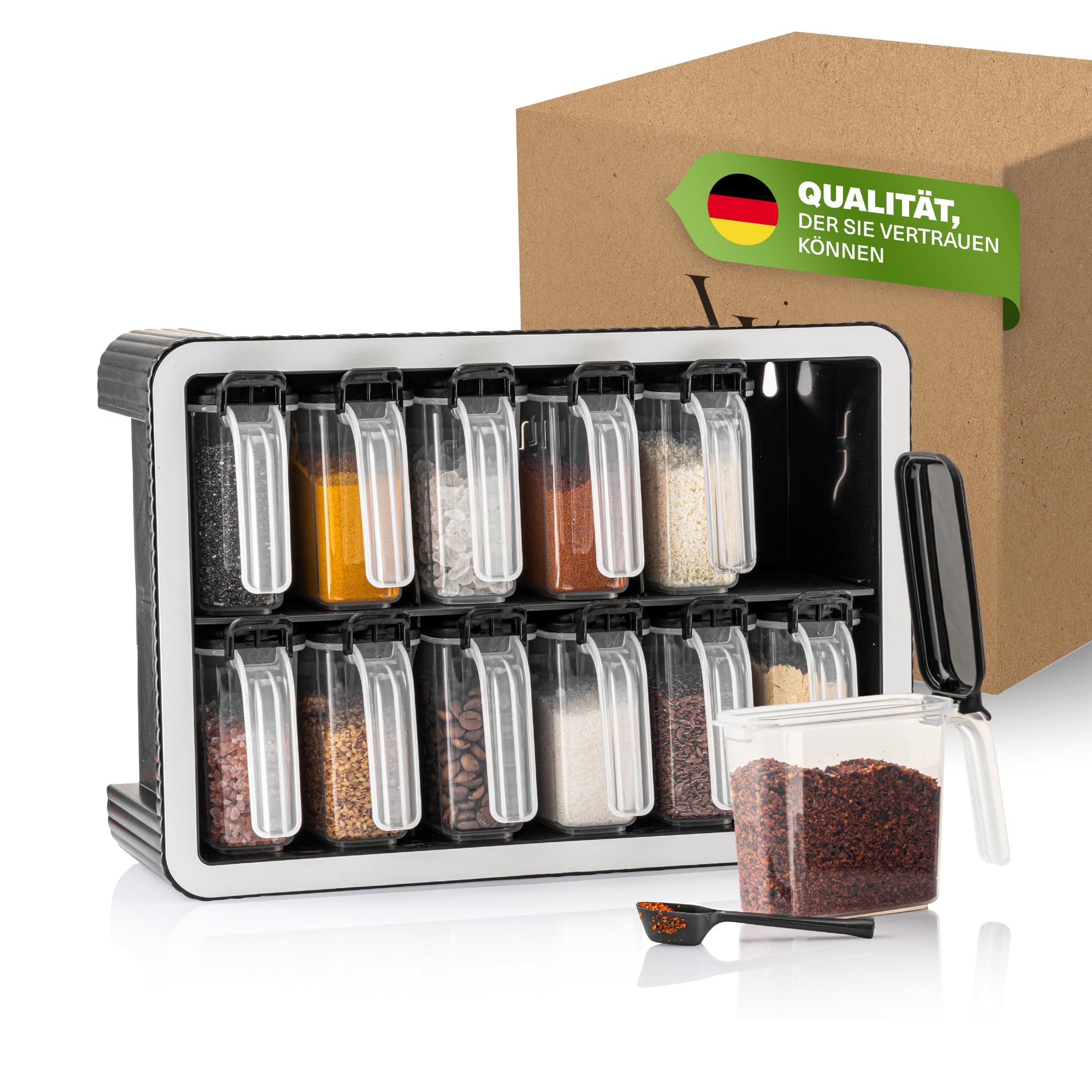 E-shop Viwares Gewürzdosen 12er Set mit Wandhalterung und Löffeln, Luftdicht, BPA-, Transparent
