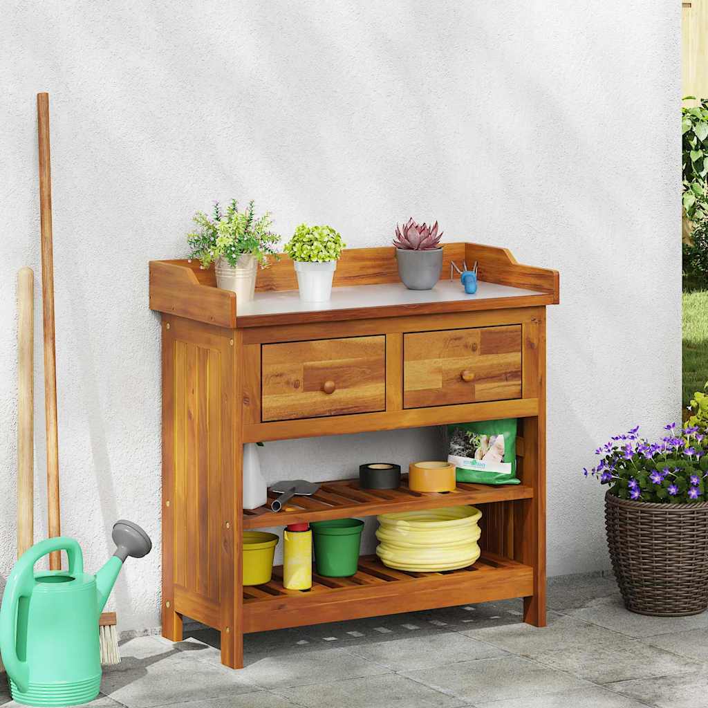 Vidaxl Brown Acacia Wood Garden Cabinet With Natural Oil Finish, 78 X X 78 Cm, Galvanized Fittings, For Indoor Use, For 2 People, Rectangular Storage Solution With Buttons, Drawer And Shelf.