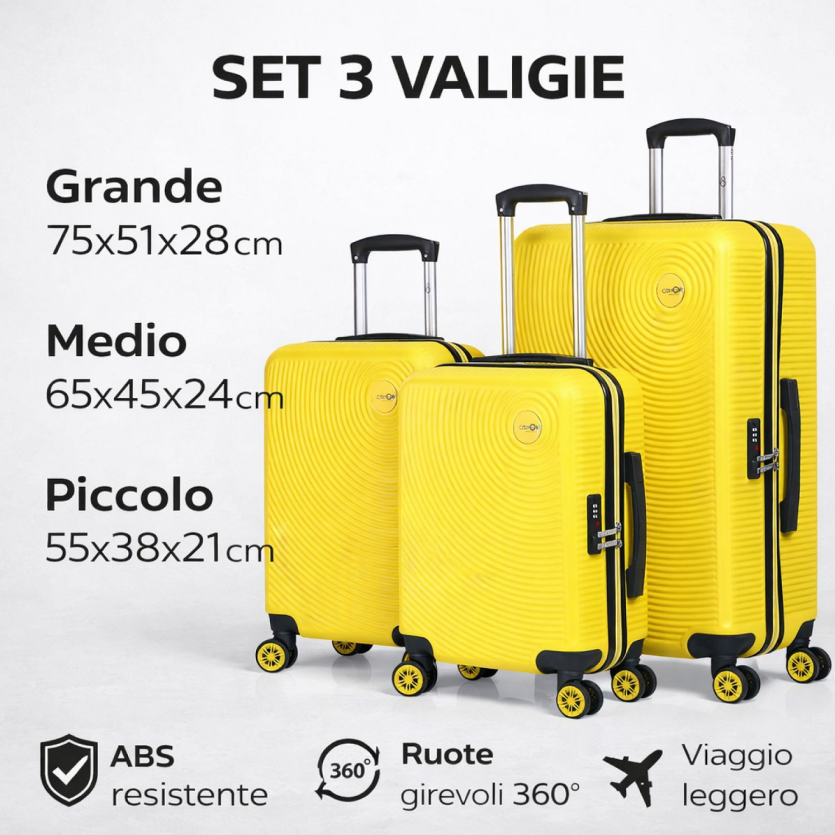   5513 - set di 3 valigie -   da 55 cm, valigia media da 65 cm, valigia   da 76 cm, in abs rigido