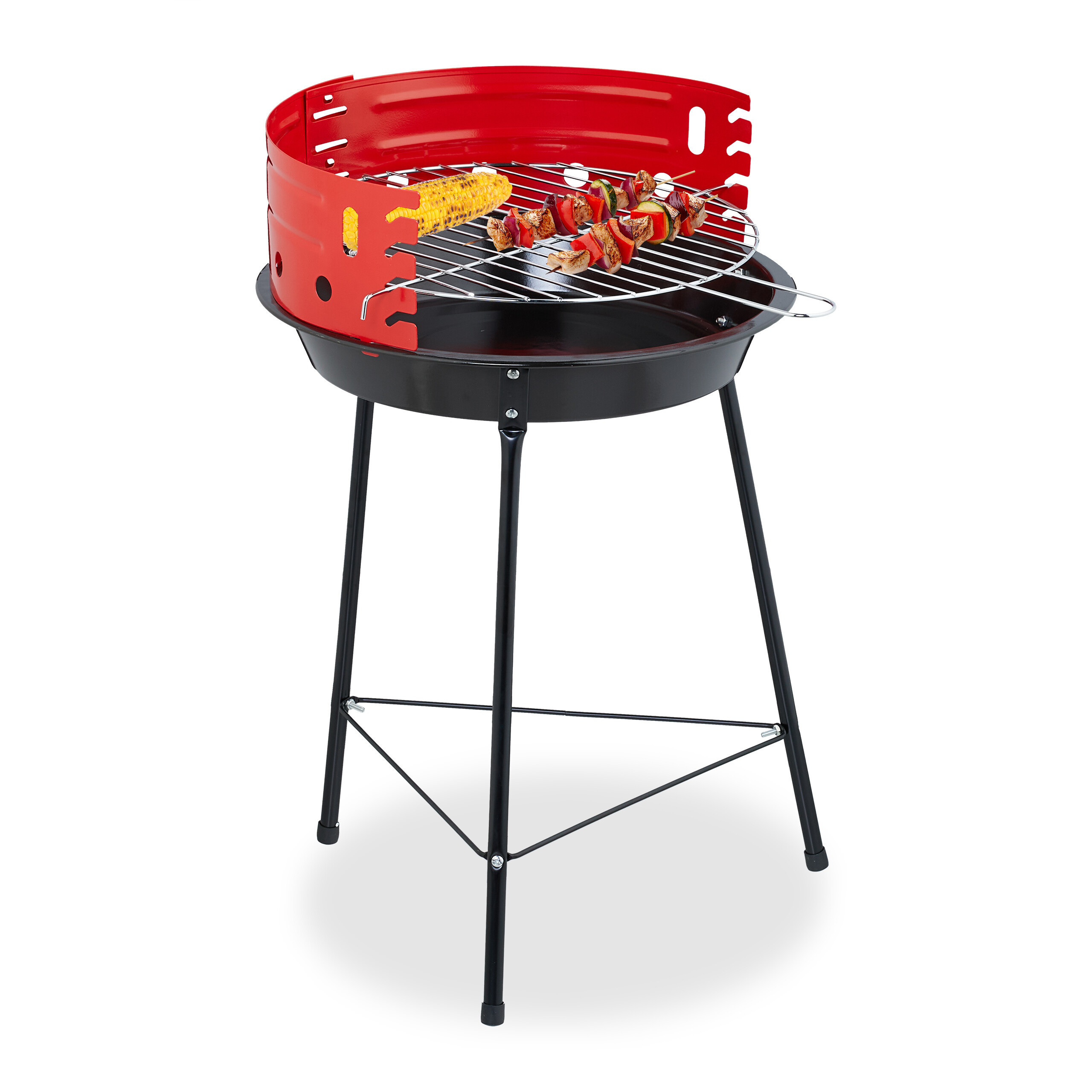 TEMU Barbecue , trépied, acier, ø 37 cm, surface de cuisson ø 30 cm, noir et rouge, cuve émaillée, grille chromée réglable sur 4 hauteurs, pour
