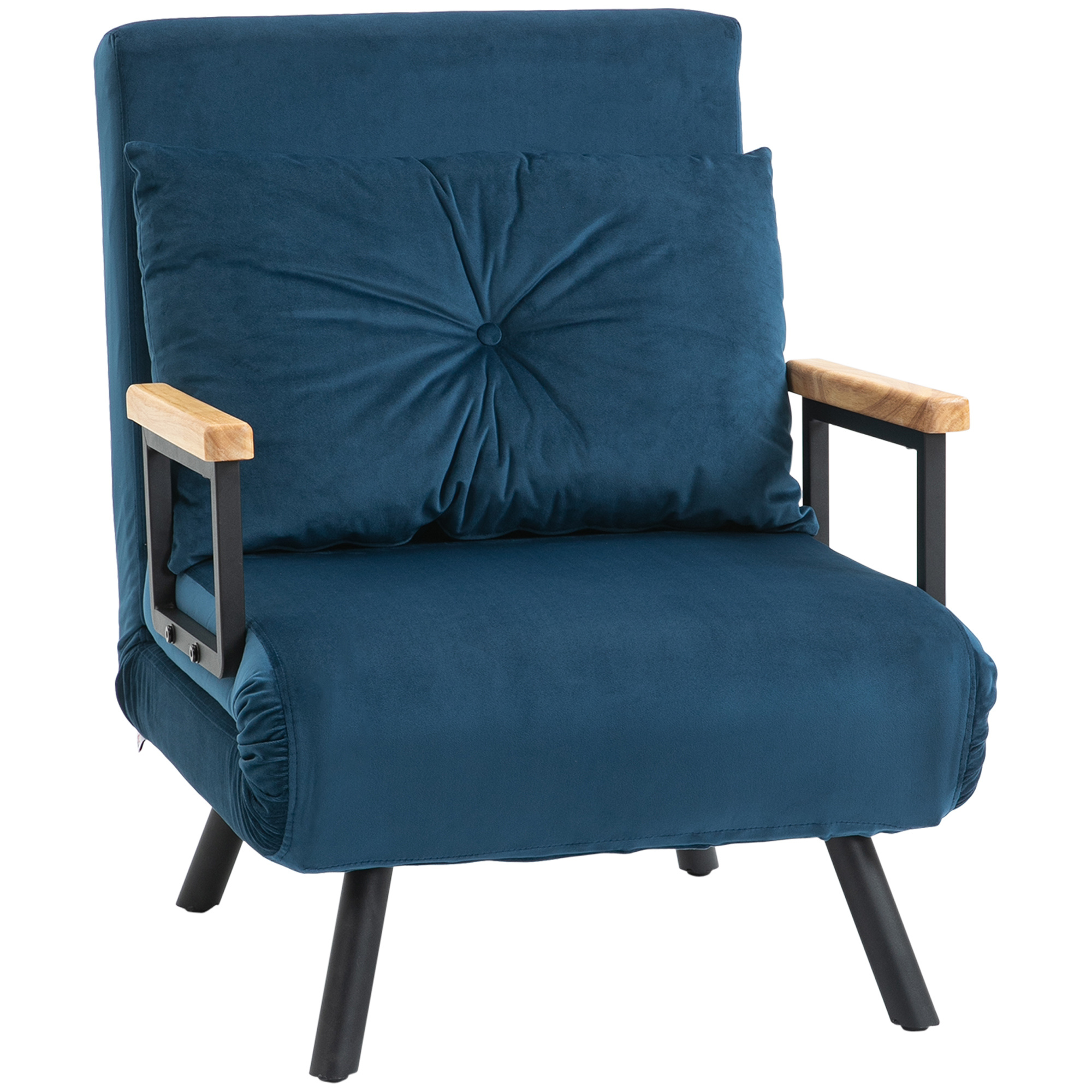 TEMU HOMCOM Fauteuil convertible chauffeuse lit 1 place réglable 5 , accoudoirs en bois et coussin, tissu effet velours, bleu