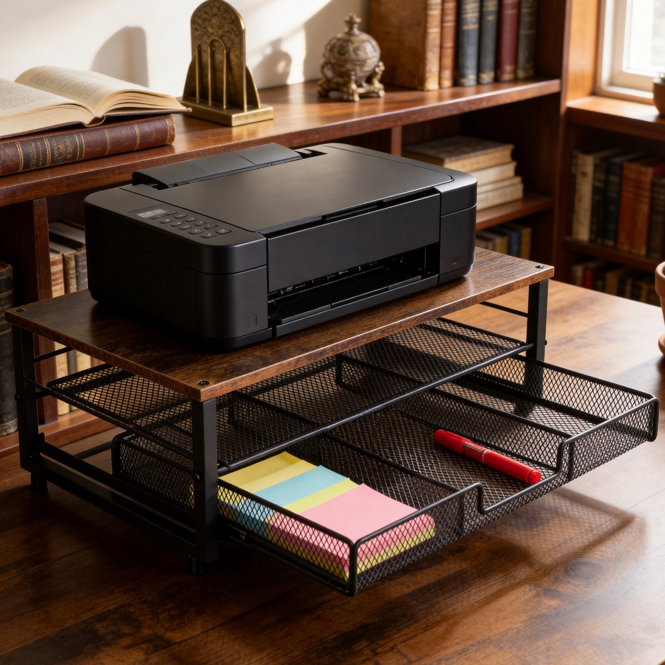 TEMU Multifunctional Print Stand With Drawer Basket, Desktop Organiser, Double-tier Storage, Drawer Basket With 3 Compartments, Storage Space,