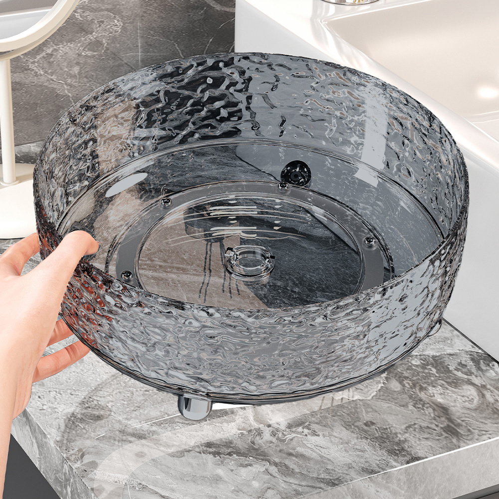 TEMU Elegant Grey & White Geometric Tray Set - 360-degree Rotating Spice Rack, Bathroom Organizer, Plastic Storage Dish For Herbs, Condiments, And