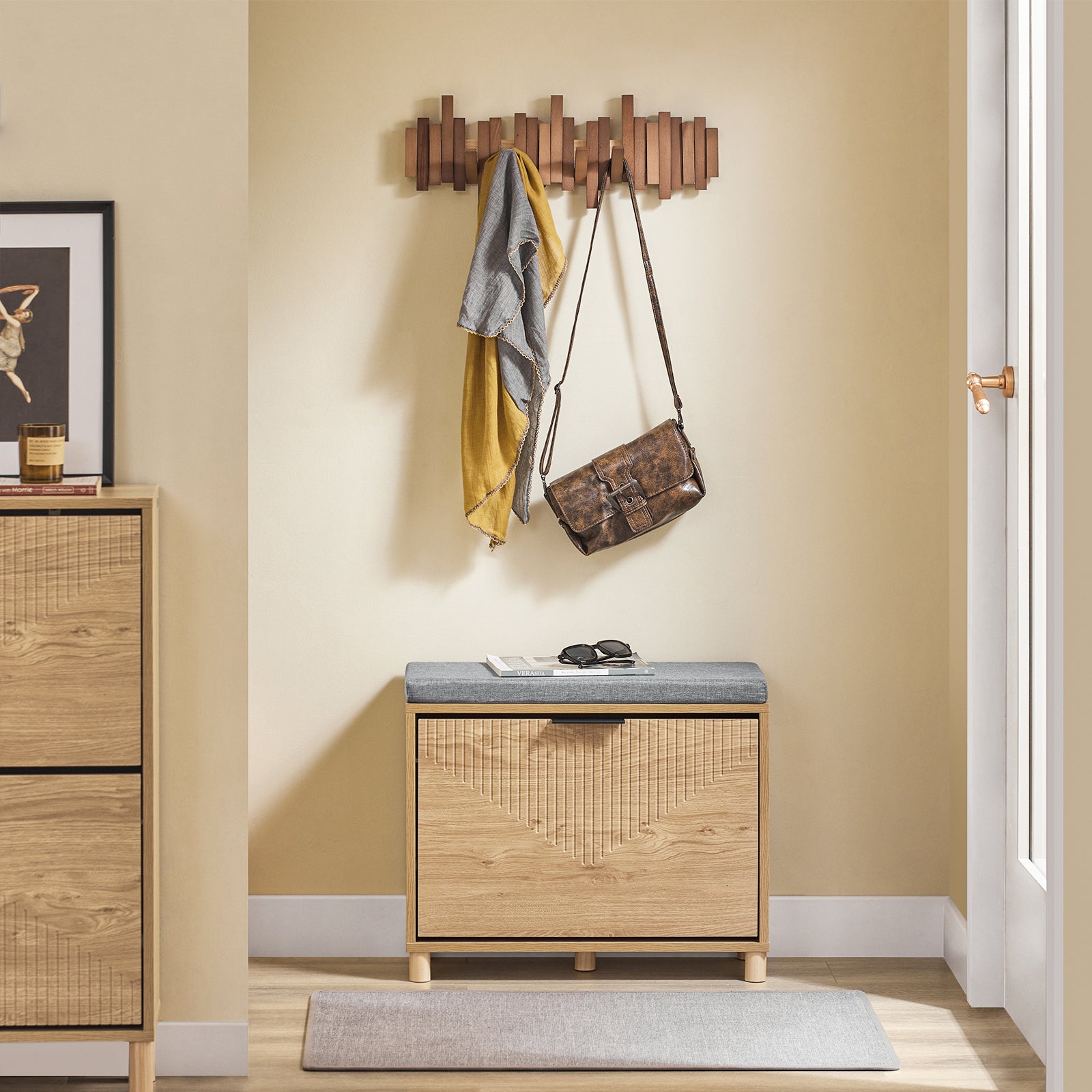 Image of 1pc Of Shoe Furniture, Shoe Bench Entrance Shoe Storage Bench With Lid, Hidden Storage Space And Comfortable Cushion, Entrance Furniture Shoe Storage Hallway, Wood, 60x24x50cm - Sobuy Gts400-o
