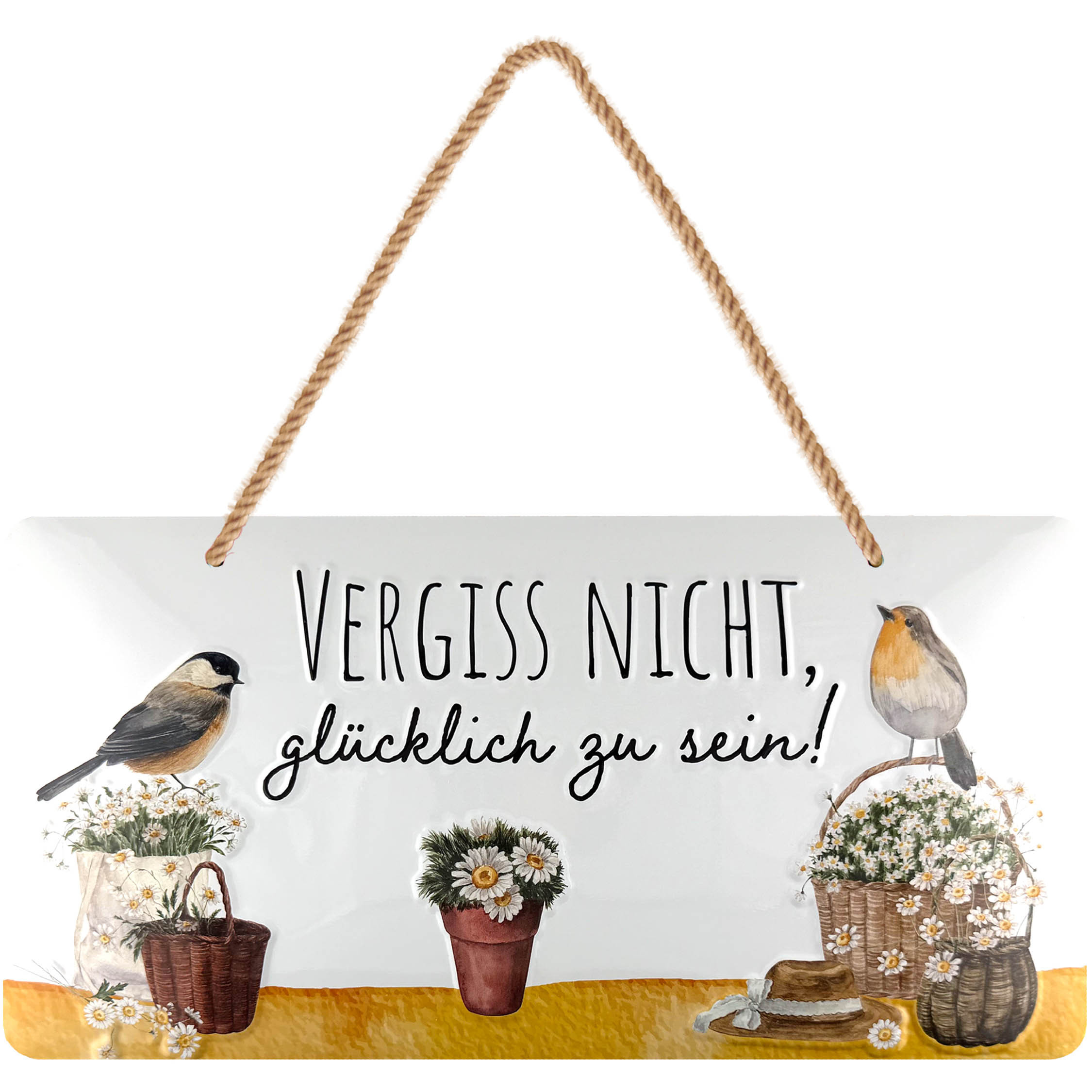 Image of Garden Sign – " To Be Happy" With Sparrow – Quote Signs, Retro Tin Sign With Jute Rope For Balcony, 16x32 Cm