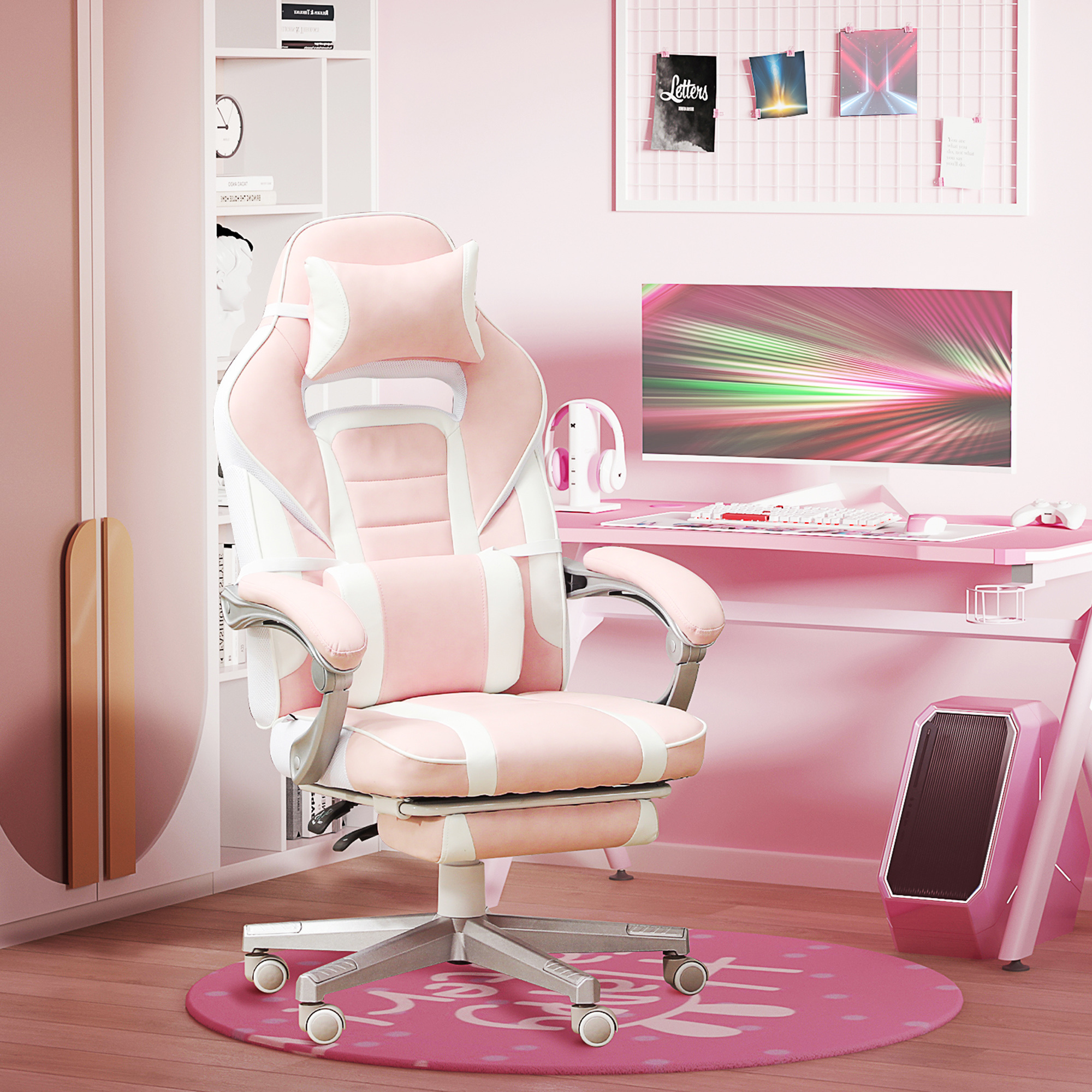 Gaming Chair With Footrest, Height-adjustable Desk Chair With Head And Lumbar Cushions, Swivel Gaming Armchair With Reclining Backrest, Artificial Leather, Up To 120 Kg, Pink