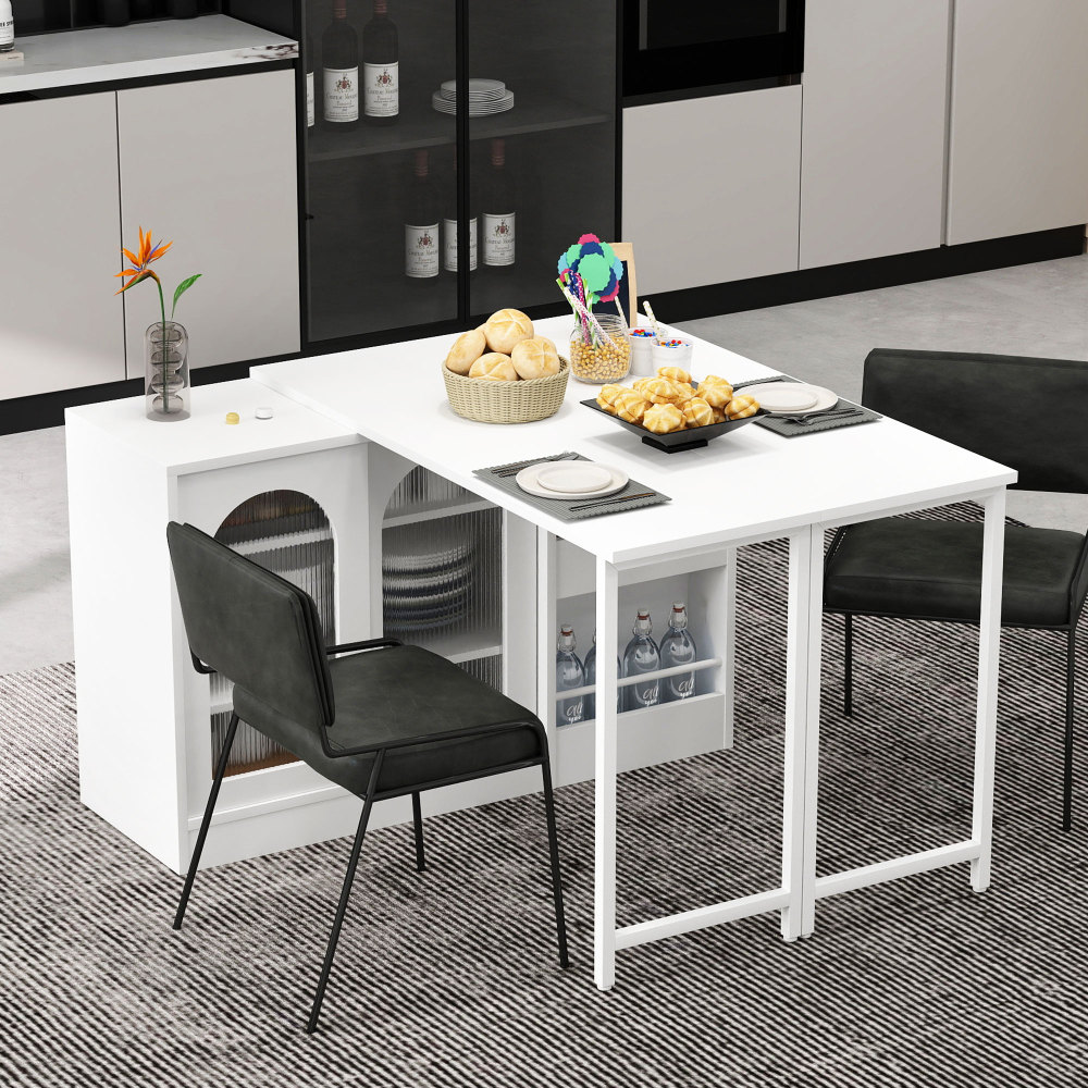 Image of Extendable Bar Table 121.5-180x40x76.7 Cm With Glass Sliding Doors, 2 Foldable & Storage Space, Kitchen Island With Adjustable Shelves