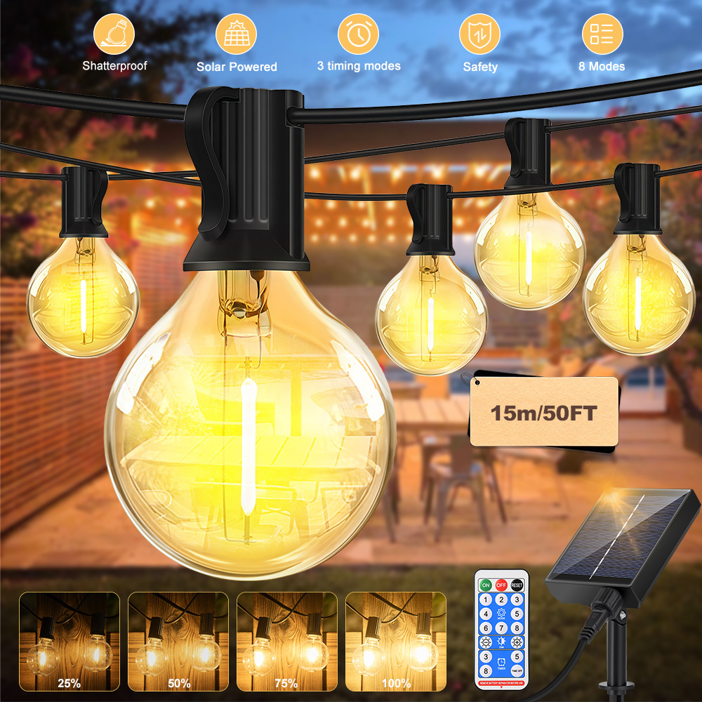 E-shop Outdoor G40 LED Solar Lichterkette, 50/50.03/65/66.04/100/100.03FT (.25/20/20.13/30/30.49M) Vintage Solar Gartenleuchten mit 8 Beleuchtungsmodi