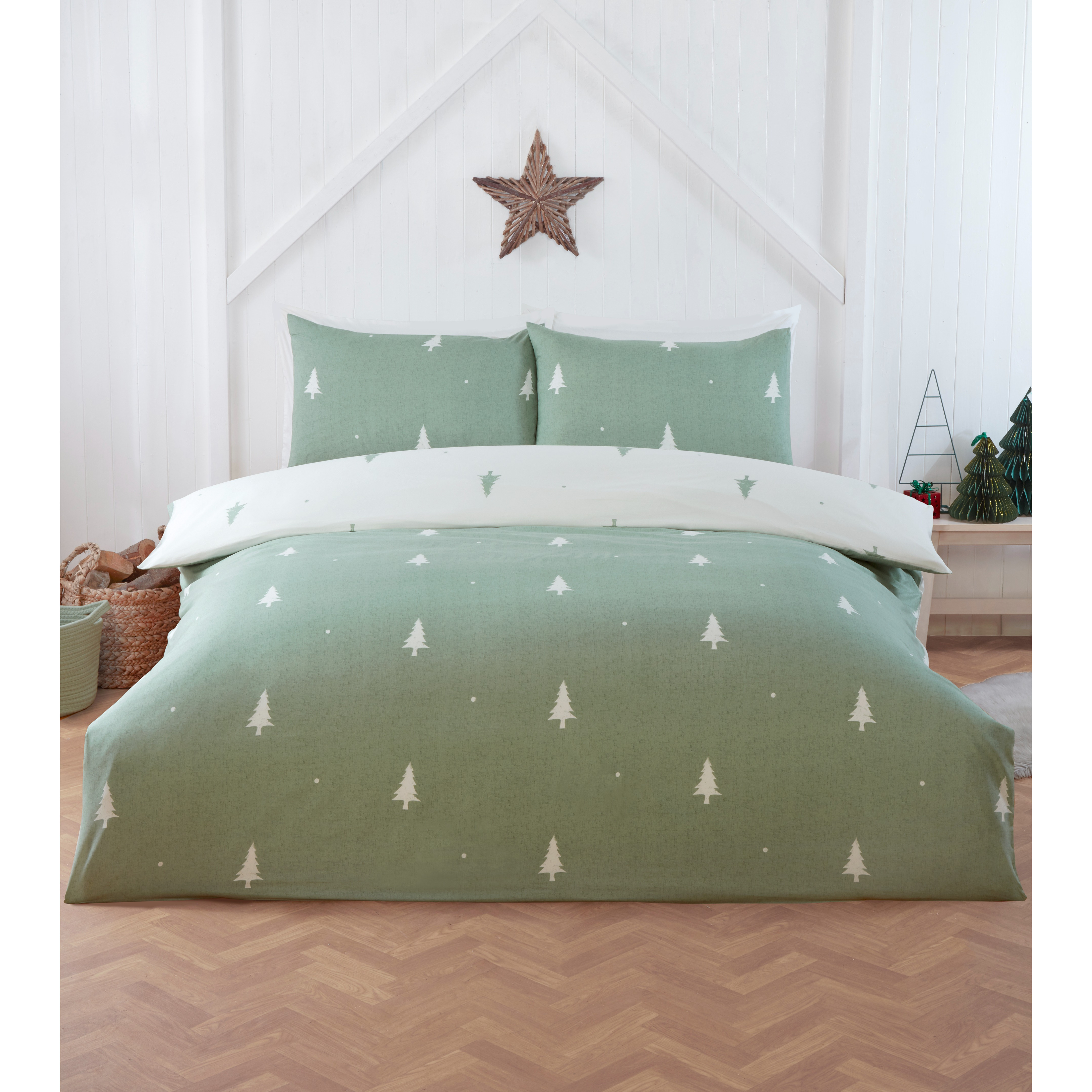 TEMU Christmas Duvet Cover Set | 180 | Reversible Festive Bedding With White Tree Print On Sage Green | Soft Microfibre – Warm, Cosy & Breathable |