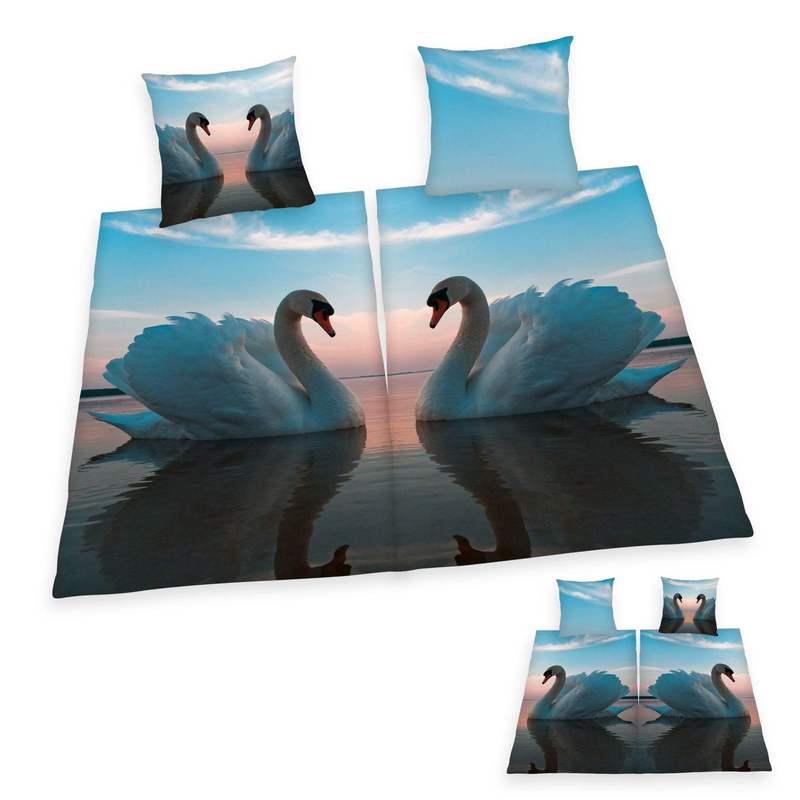 Image of Partner Bed Linen 4pcs Set, Swan Pair 135x200 Cm / 80x80 Cm