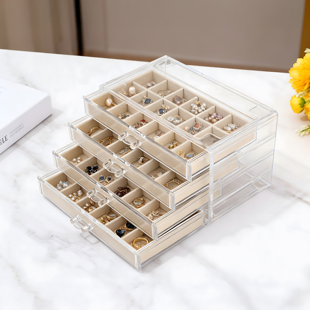 Adjustable 4-Drawer Jewelry Organizer Box, Clear Acrylic