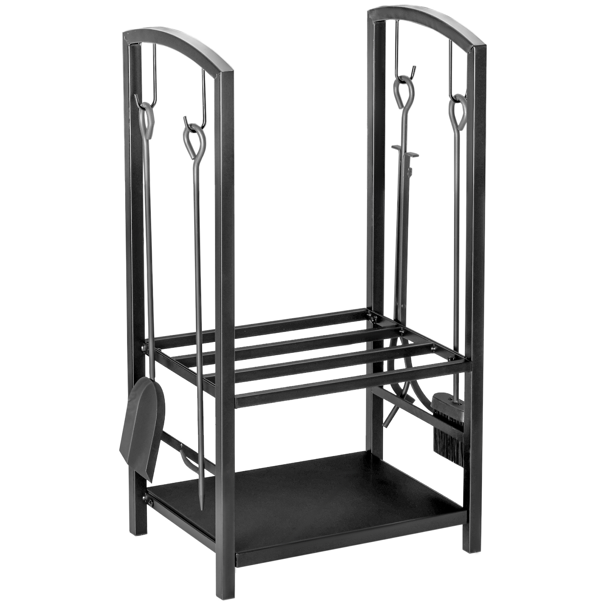 5pcs Set Of Fireplace Wood Rack With 4 Fireplace Tools, 2-tier Metal Firewood Holder, Indoor And Outdoor Use For Fireplace And Stove, 40 X 30 X 74.5 Cm, Black