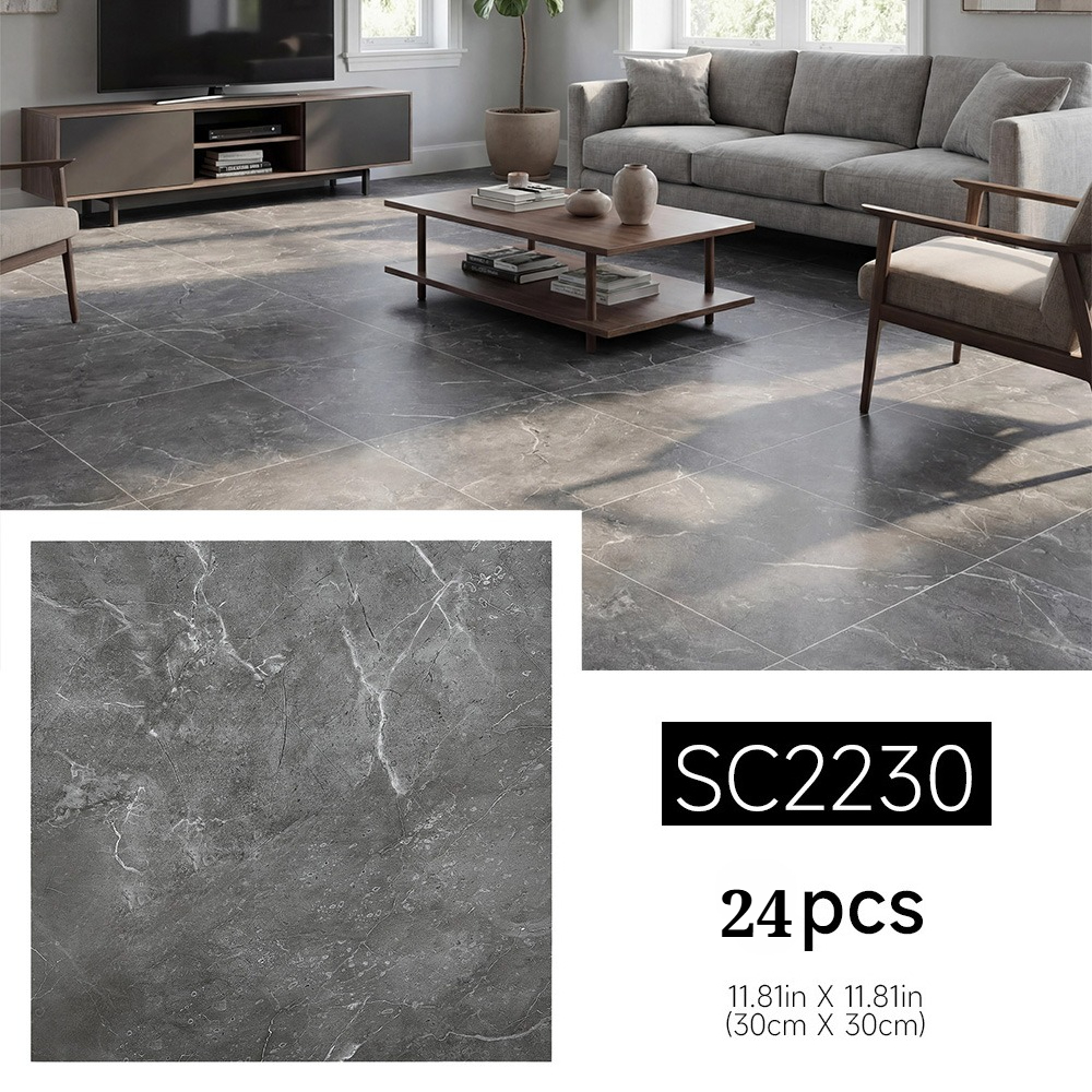 TEMU 24-pack Marble Effect Flooring Tile, 30x30cm Self-stick Pvc Plank Tiles, 1.2mm Wear-resistant Waterproof Non-slip For Living Room, Bedroom &