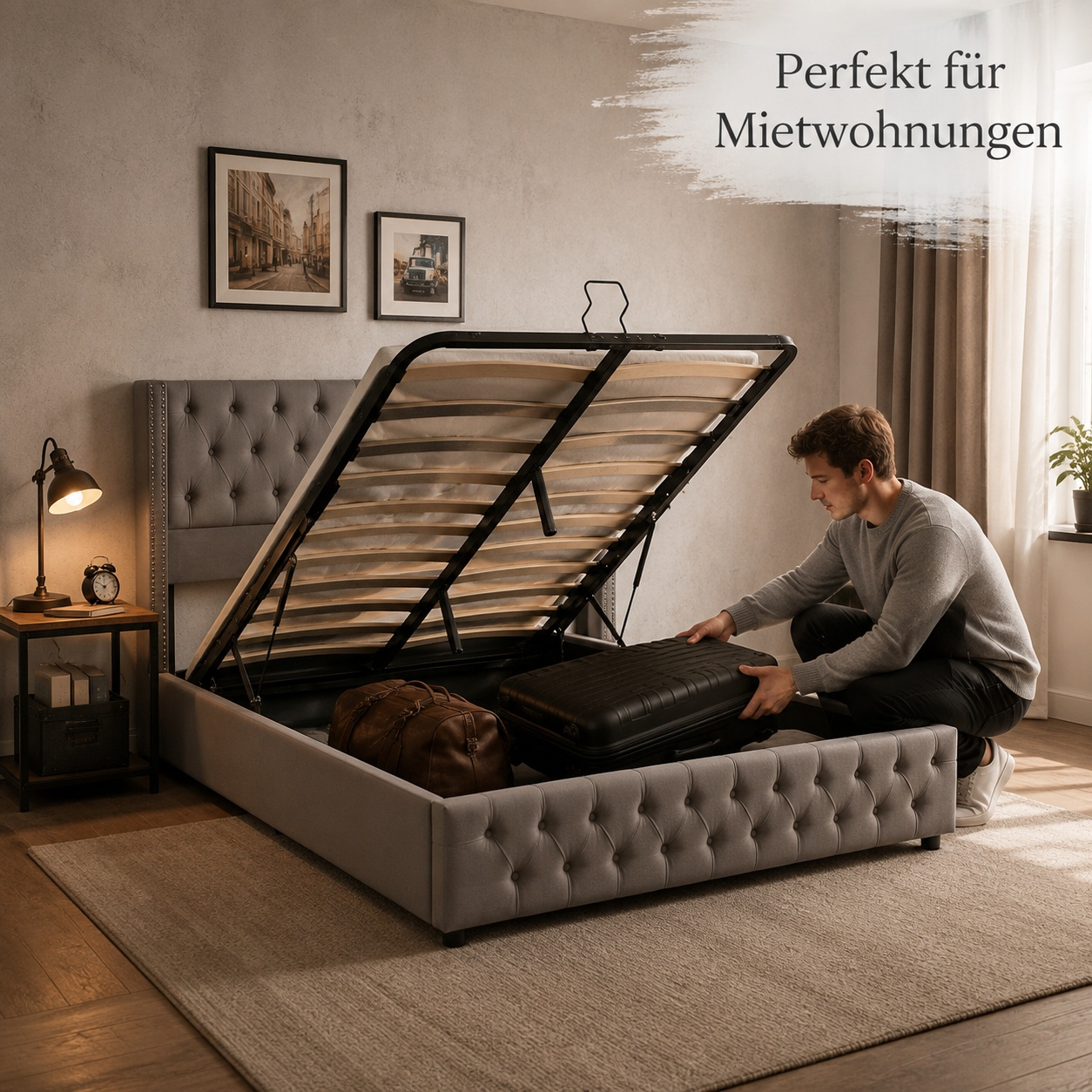 Image of 180x200cm Chesterfield Upholstered Bed 180x190cm Grey Velvet With Hydraulic Bed Box, Luxury Storage Bed For Bedroom