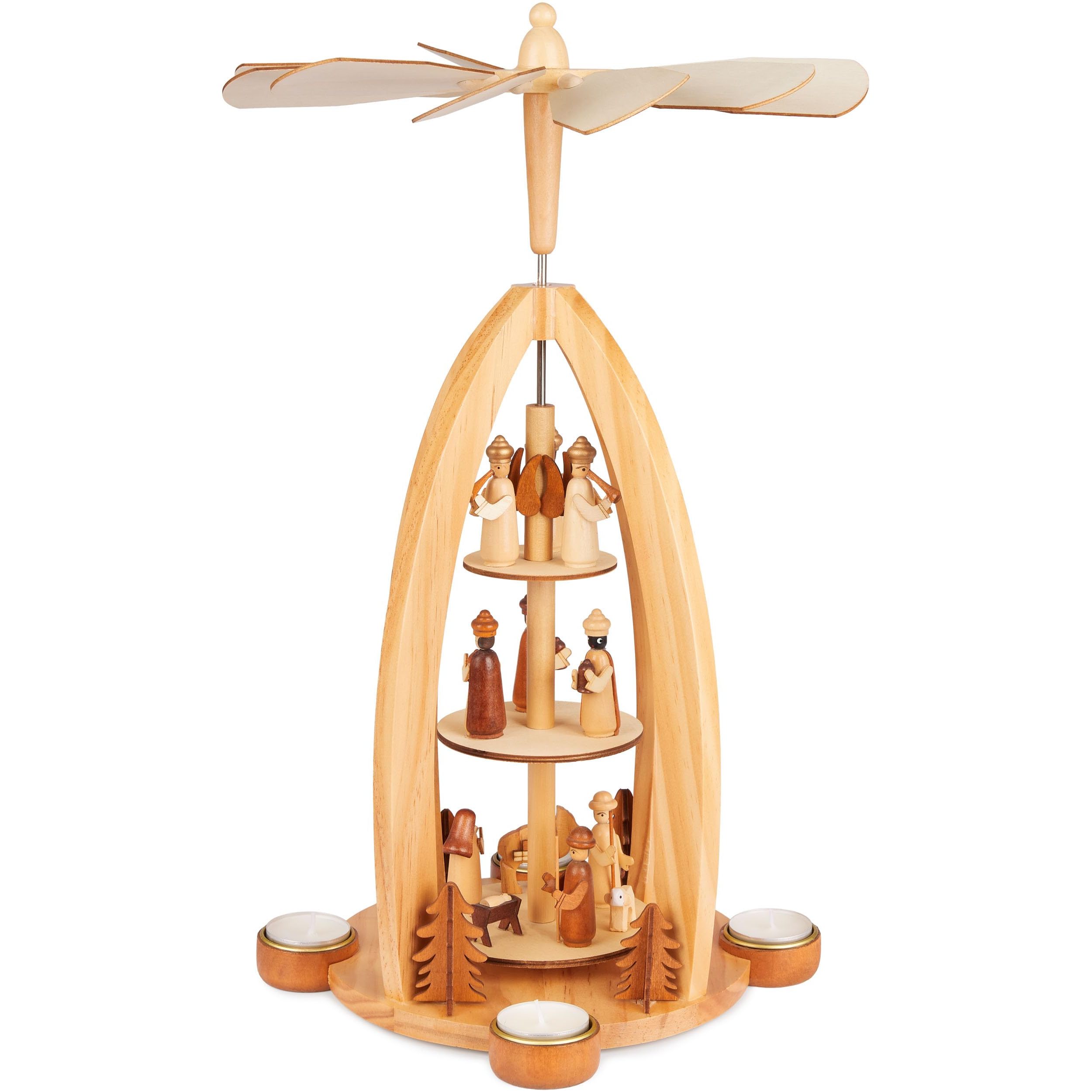 Image of Brubaker Wooden Christmas Pyramid - Angel, Jesus, Mary, Joseph, And - 44 Cm Tea Light Pyramid For Christmas - Rotatable Table Pyramid For 4 Pyramid Tea Lights - Hand-painted - Brown