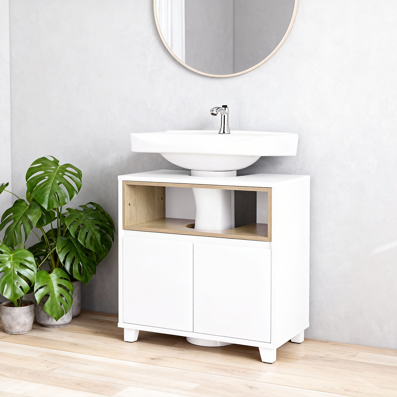 TEMU 1 meuble de salle de bain avec 2 compartiments et porte, design bois blanc, pour et ensemble de salle de bain 60X30X61 cm - CAS249-X