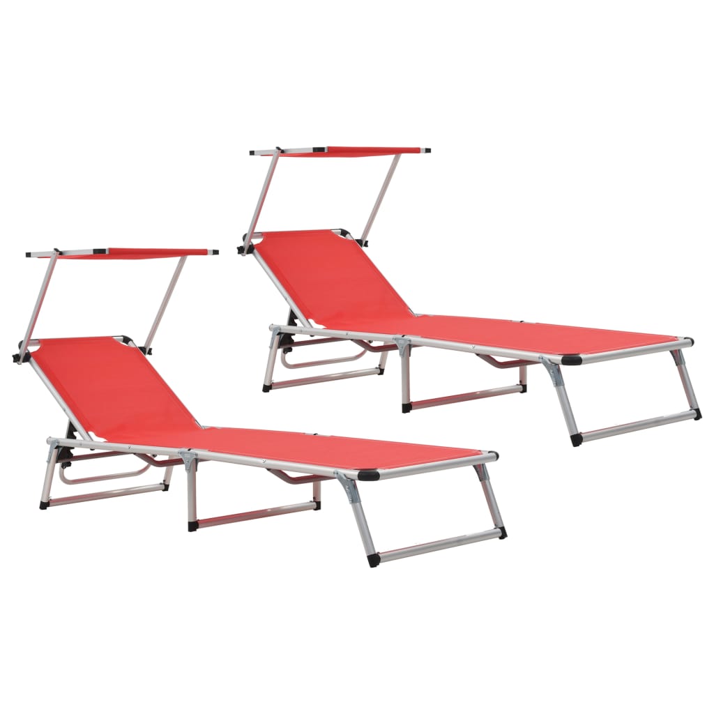 Image of Vidaxl Folding Sun Loungers With Canopy, 2-piece Set, Aluminum Textile, Red