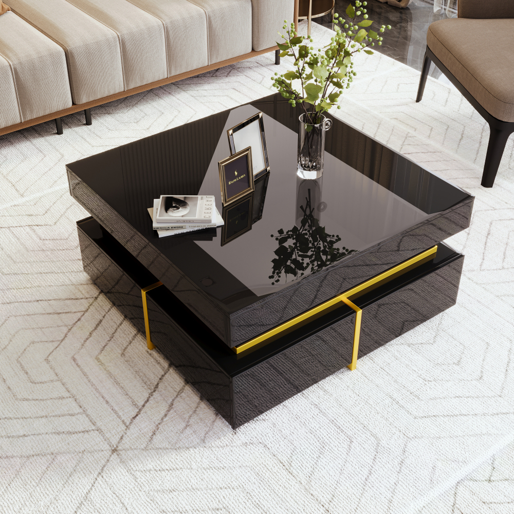 Coffee Table, High Gloss Living Room Table, Side Table With Drawers And Golden Accents