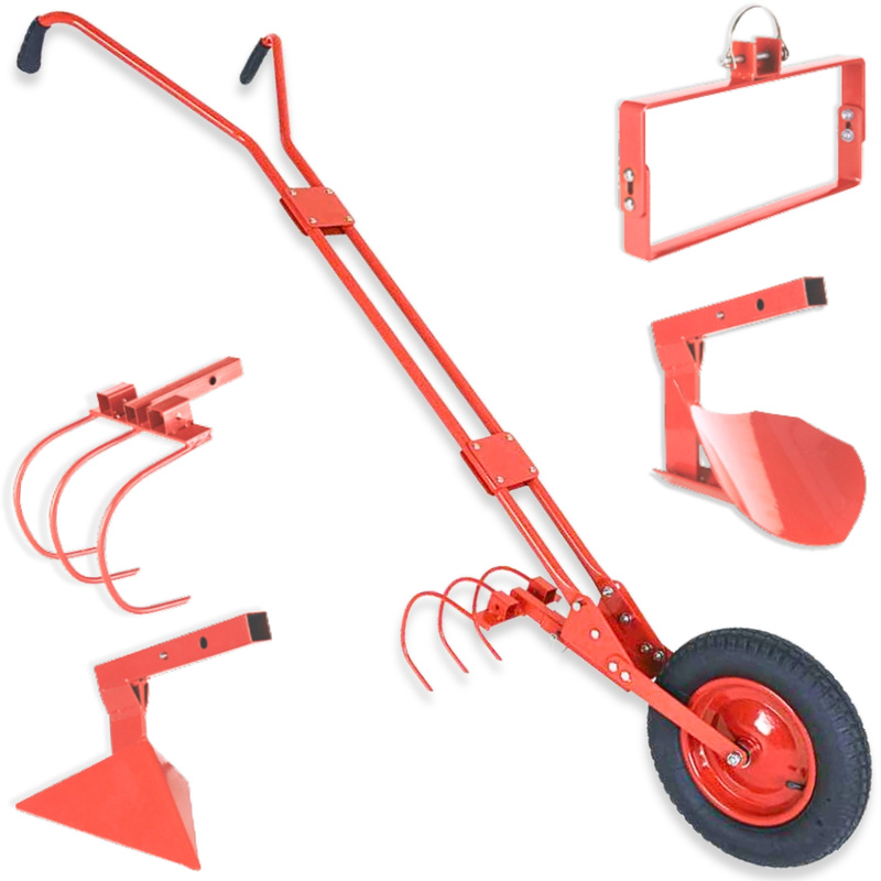 TEMU Cultivateur à roue 4 en 1 - Houe maraîchère avec sarcloir, butoir, griffe et soc de charrue - Outil de jardinage manuel réglable en acier rouge