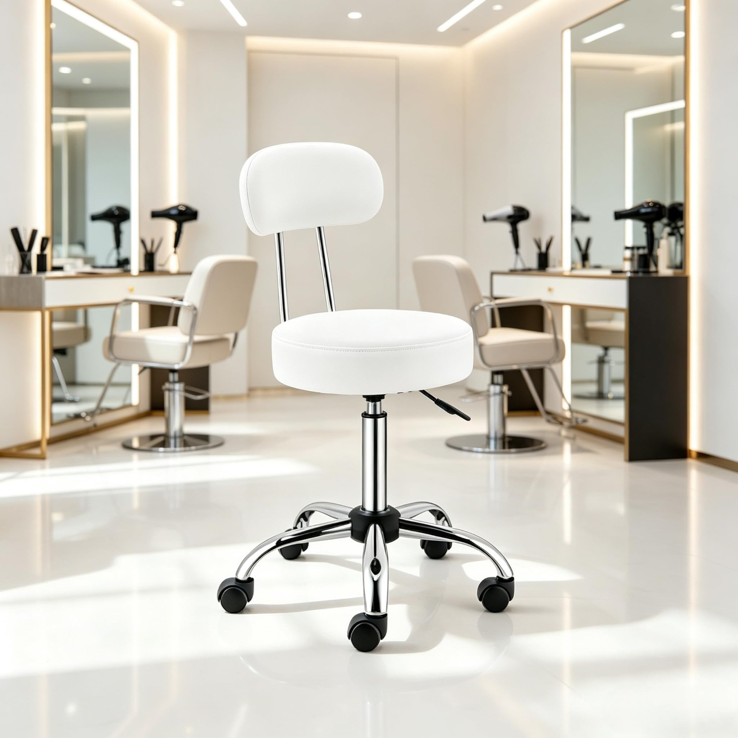Image of Height-adjustable Stool With Backrest, 360° Rotatable Office Stool, Swivel Stool For Office, Salon And Bar, White
