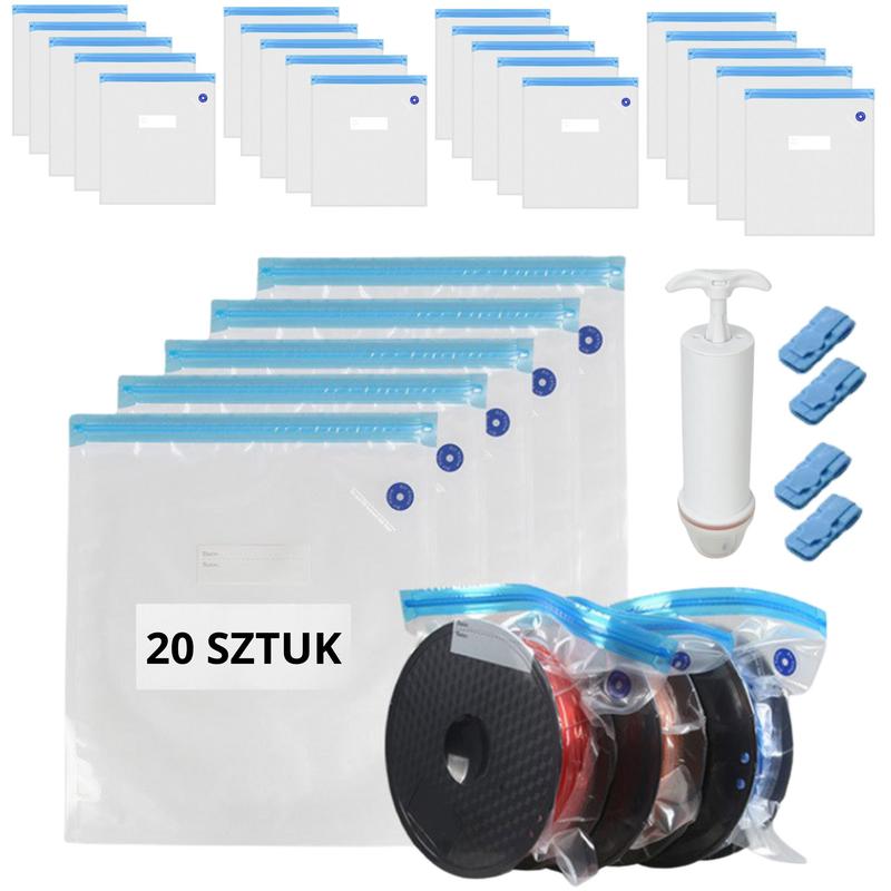 TEMU Set mit 20 Vakuumbeuteln für 3D-Filament + Pumpe und 4 Clips. Schützt vor Feuchtigkeit, Staub und Qualitätsverlust. Ideal für PLA, PETG, ABS und