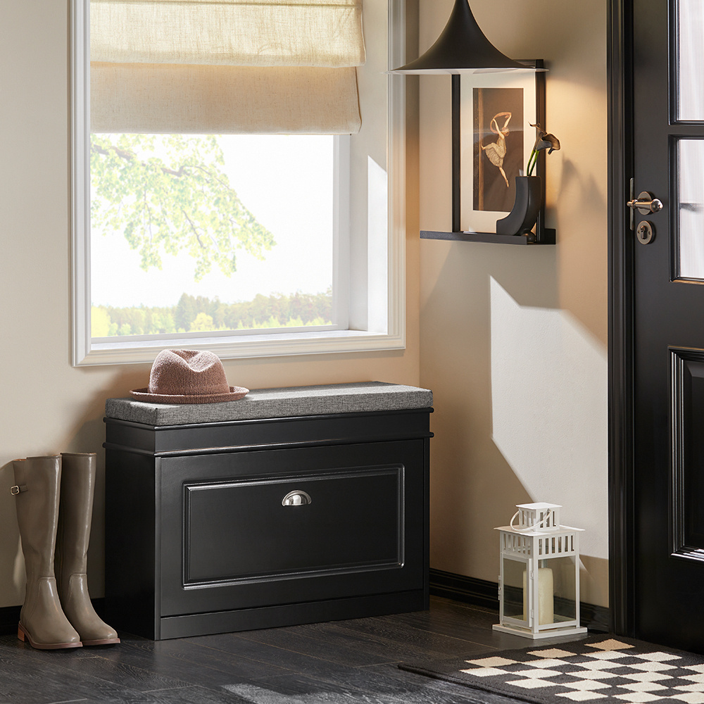 Image of Shoe Bench With Seat Cushion And Storage Shoe Cabinet With Flap, Narrow Space- Bench With Storage For Hallway, Living Room, Bedroom, Up To 150 Kg Black 75x51x24cm Fsr82-l-sch