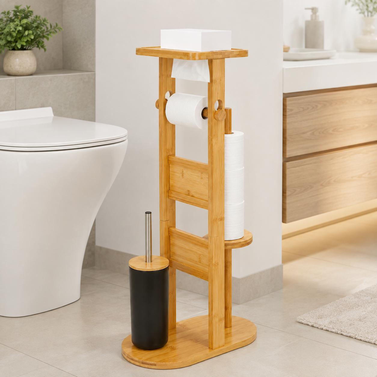 Image of Standing Bamboo Toilet Paper Holder, Wc Set With Toilet Brush Holder, Spare Roll Holder, And Shelf, Freestanding Toilet Paper Stand For Bathroom, Guest Toilet, And Small Spaces