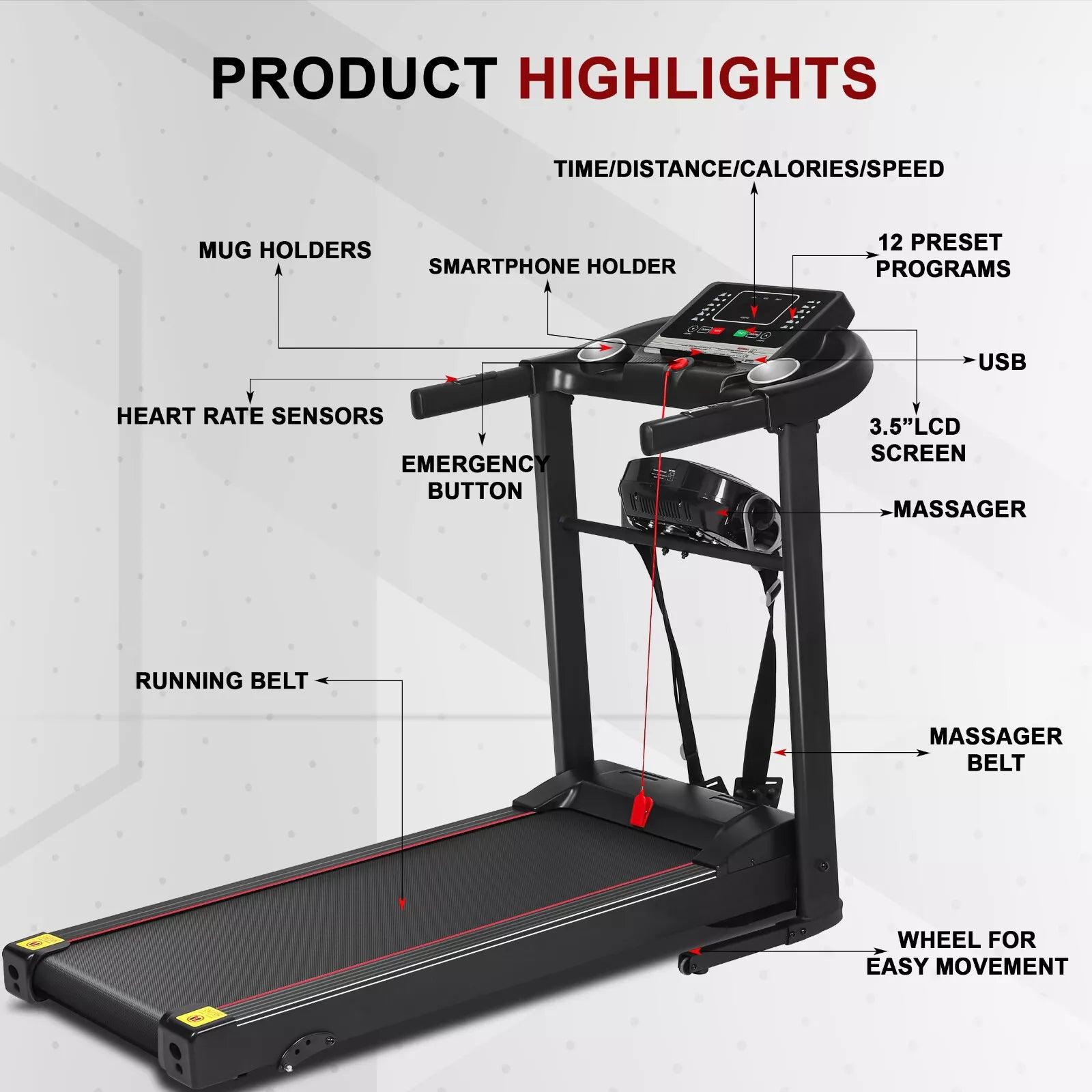 Foldable Electric Treadmill 2.0 HP Motorized Running Machine with Incline & Built-in Massager – Adjustable Speeds 1-12 km/h, LED Display, Home Gym Fitness Equipment