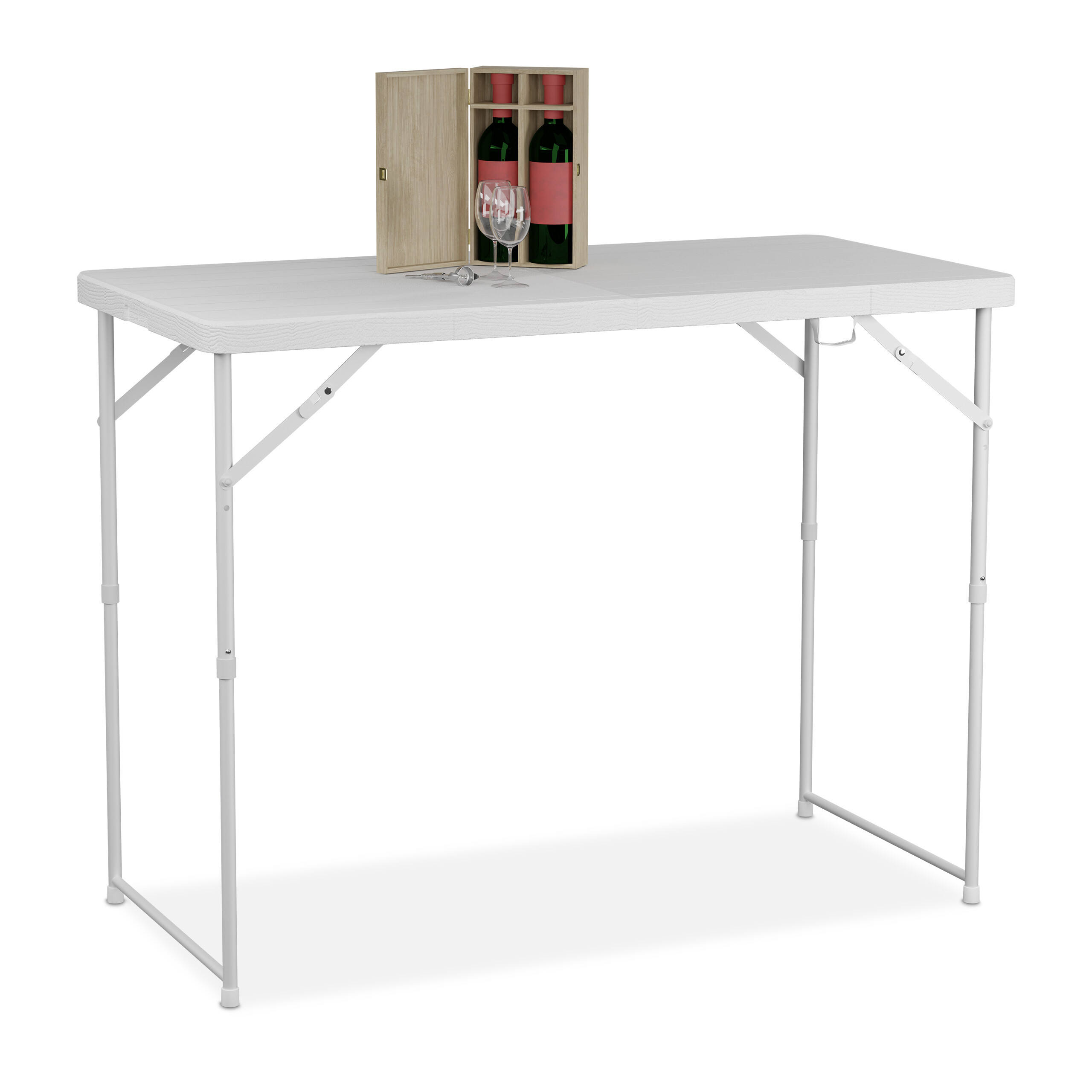 TEMU Mesa de jardín plegable, para 6 personas, 120 x 60 cm, altura regulable a 53, 74 cm, tablero blanco de plástico PE, estructura de acero, asa de