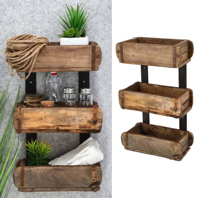 E-shop Regal Holzkiste Ziegelform 31x50x15cm Altholz Holzbox Vintage Used Look Wandregal 3 Kisten