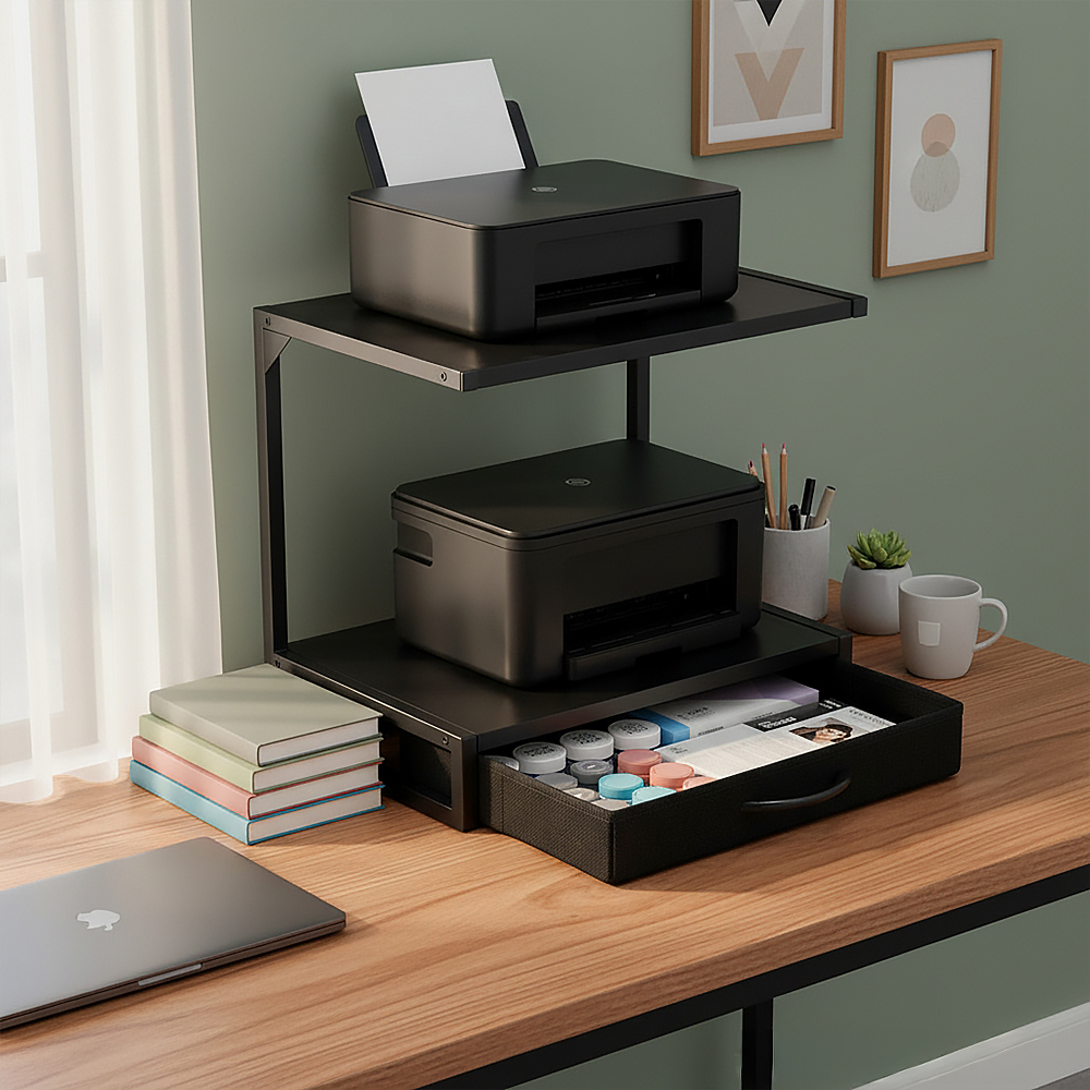 TEMU 1pc Multi-functional Printer Table With Fabric Drawer & Shelf, 2-tier Desktop Stand For 3d Printers/fax/scanner, Space-saving Home Office