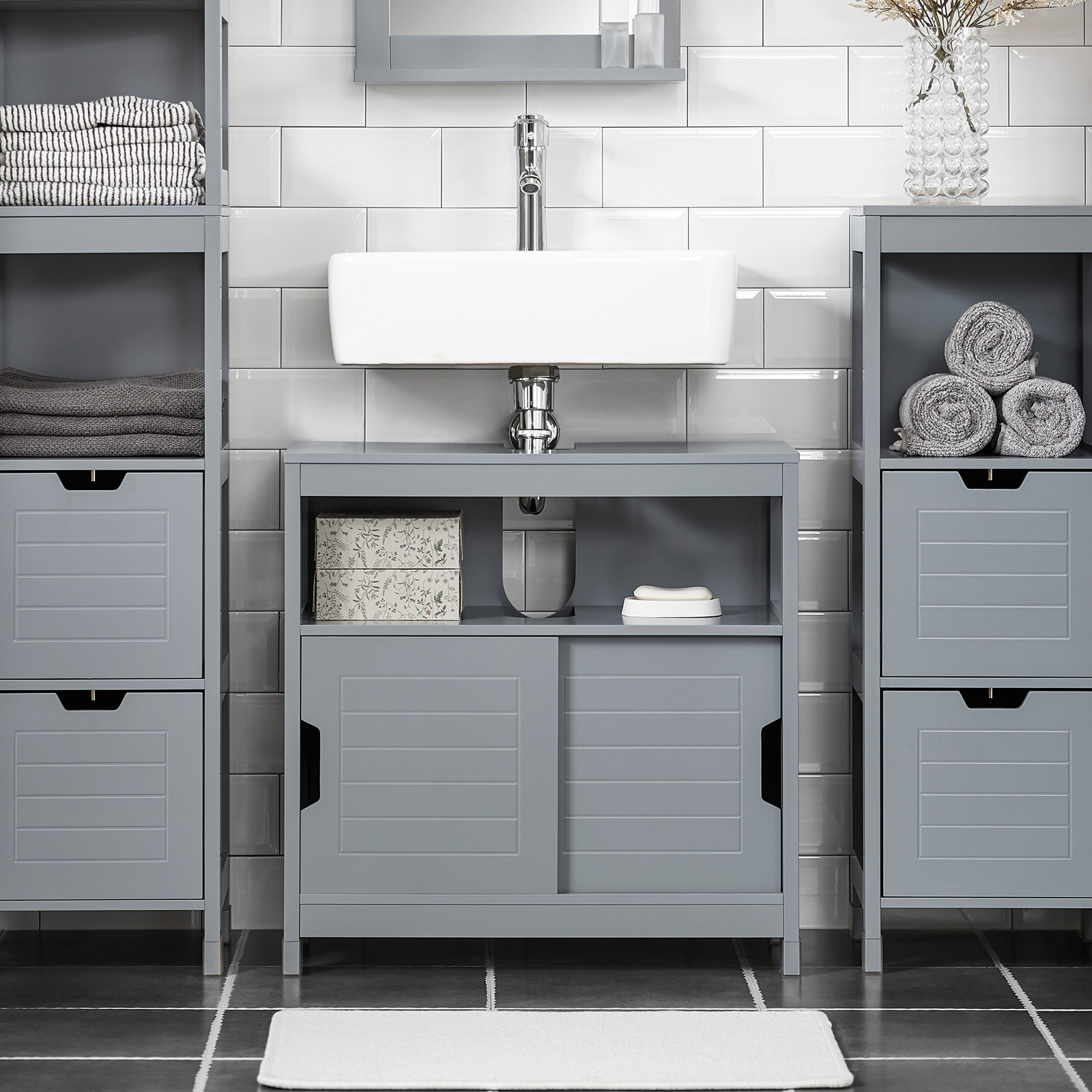 Image of Bathroom Storage Space: 1-piece Under-vanity Cabinet With Double Sliding Doors, Slim Storage Unit For Small Spaces, Toilet Vanity Storage Cabinet, Floor Furniture For Bathroom Vanity - Gsh239-th
