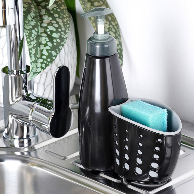 Afwaszeepdispenser met sponsenhouder, zwart, 370 ml