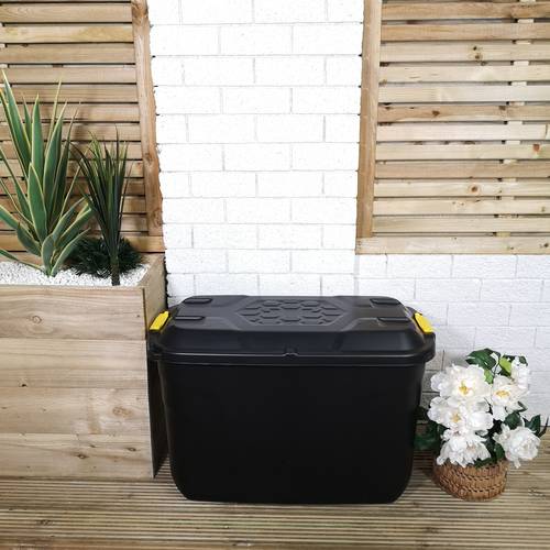 110l heavy duty trunk on wheels sturdy lockable stackable and design storage chest with clips in black