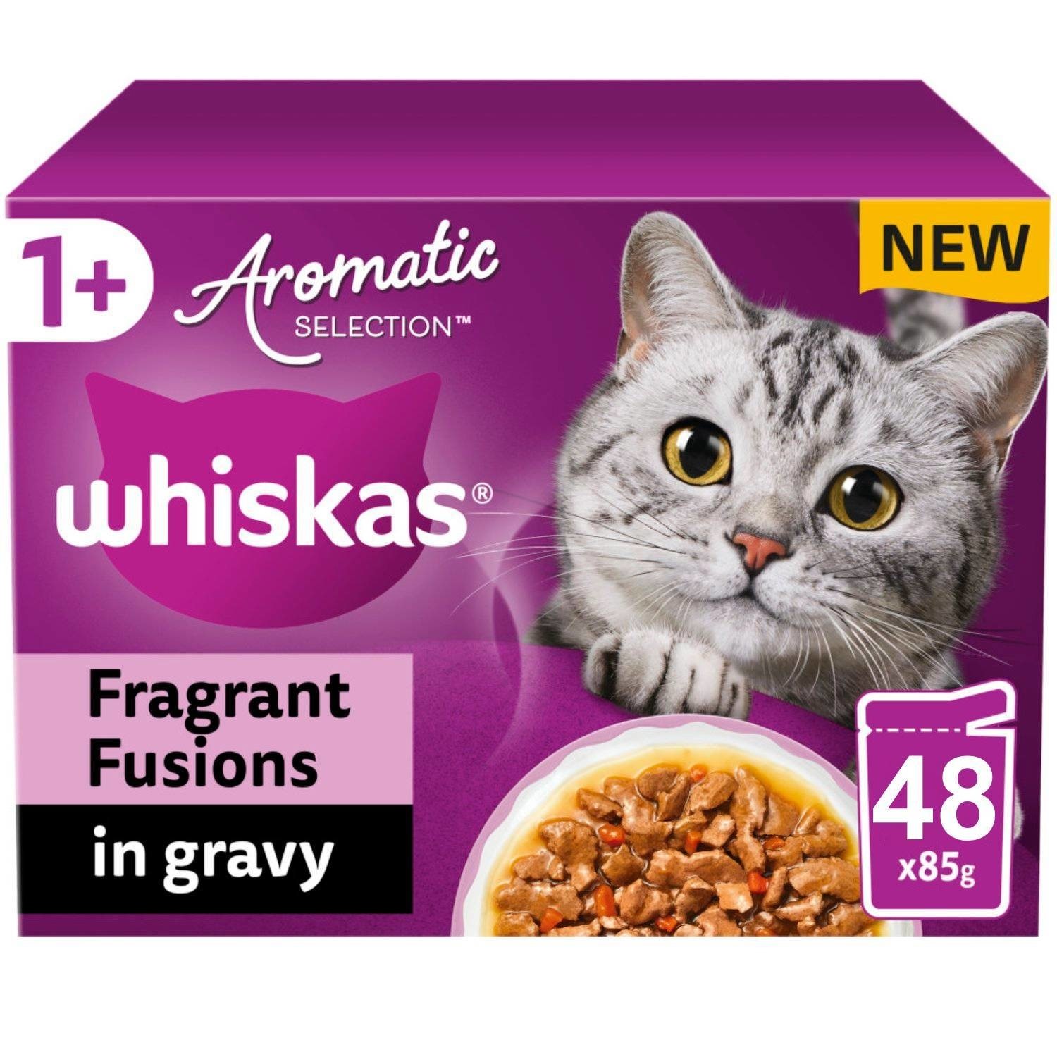 TEMU 48 X 85g Whiskas 1+ Adult Wet Cat Food Pouches Aromatic Fusion In Gravy