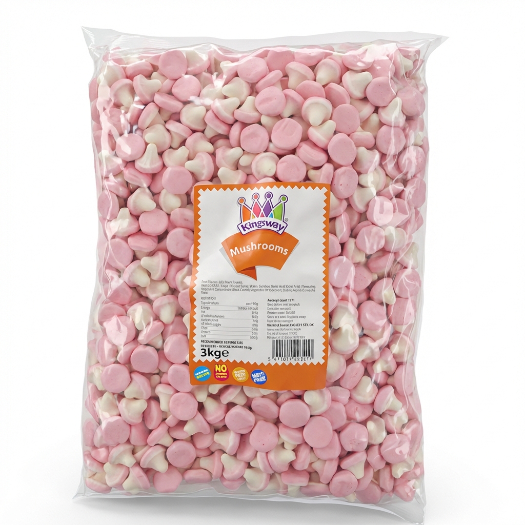 TEMU 3kg Kingsway Mushrooms Bulk Bag, Soft Chewy Foam Sweets, Strawberry Flavour Candy, Perfect For Sweet Tables, Party Bags, Movie Nights, Gifting,