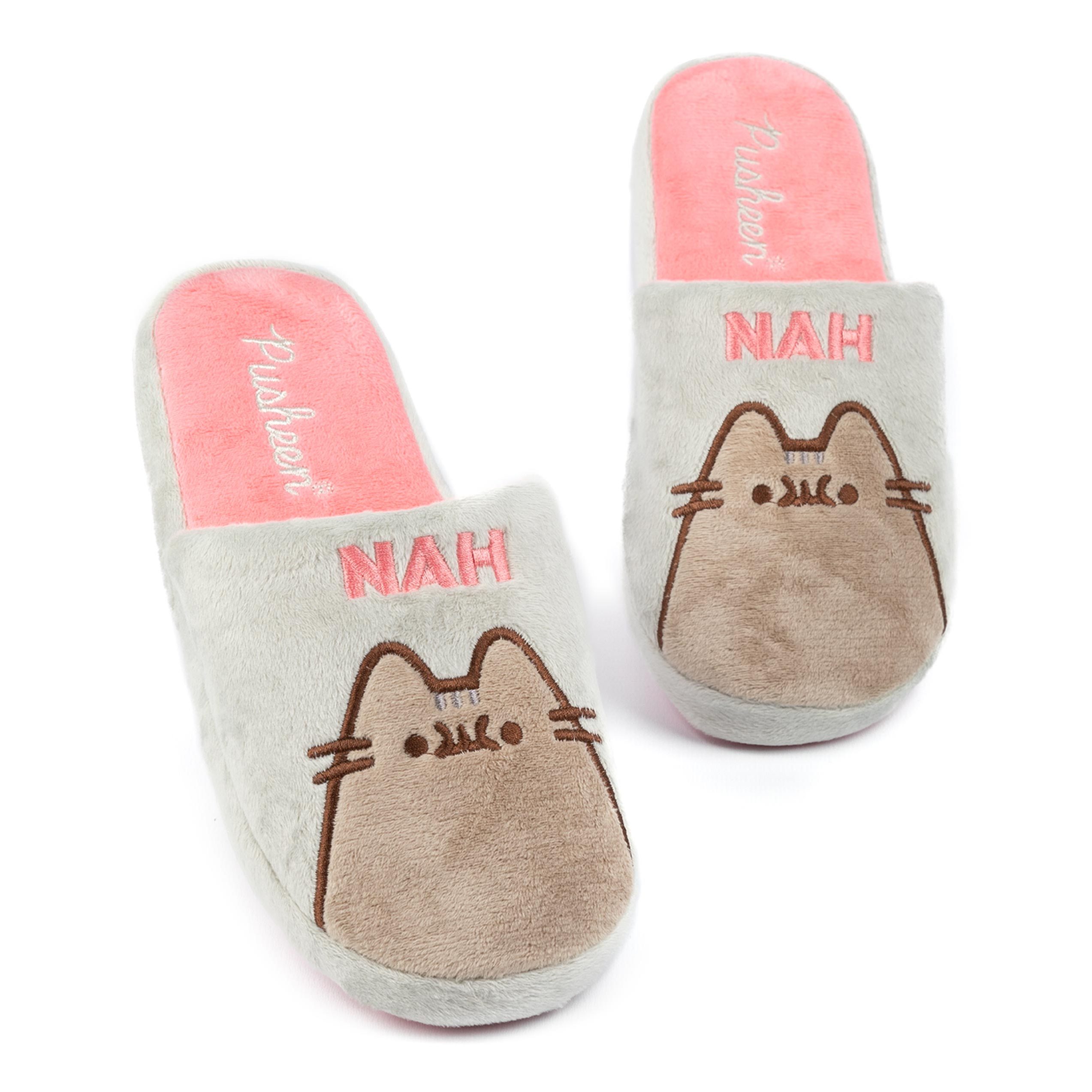 TEMU Pusheen Womens Slippers | Adults Teens Grey Nah Or Brown Fur Plush Cat Character | Anime Cartoon Animal Slip On Mules House Shoes